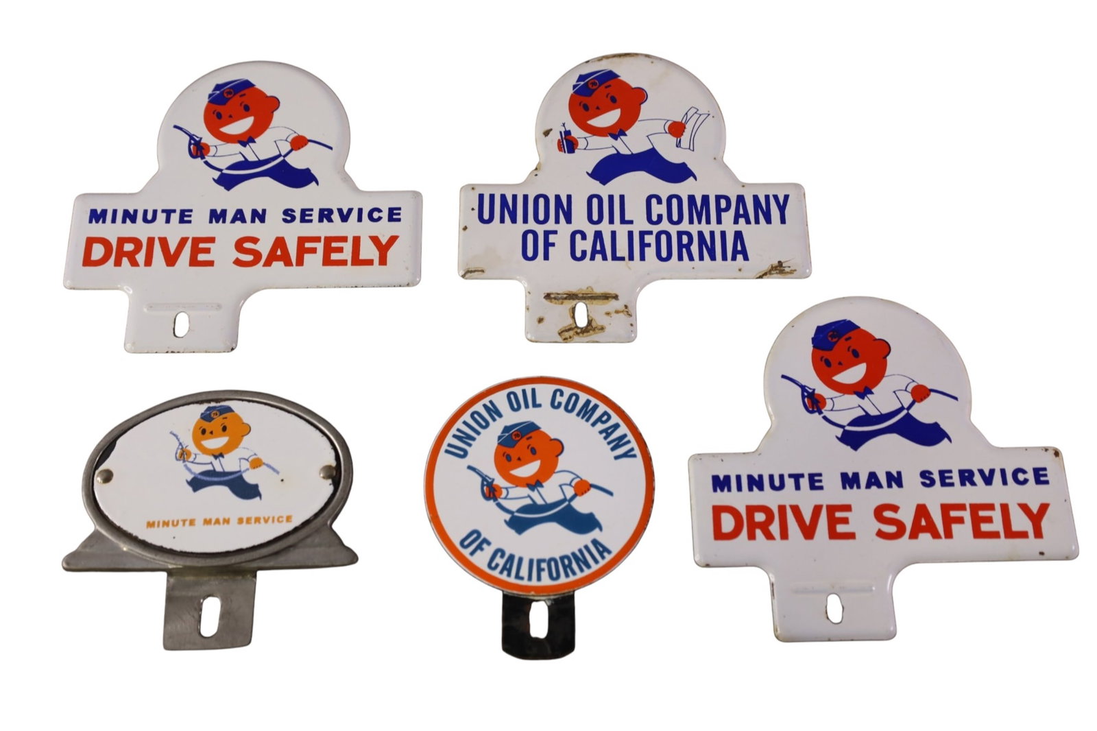 UNION 76 LICENSE PLATE TOPPERS: 5 UNION 76 LICENSE PLATE TOPPERS, DRIVE SAFELY, MINUTE MAN TOPPERS.