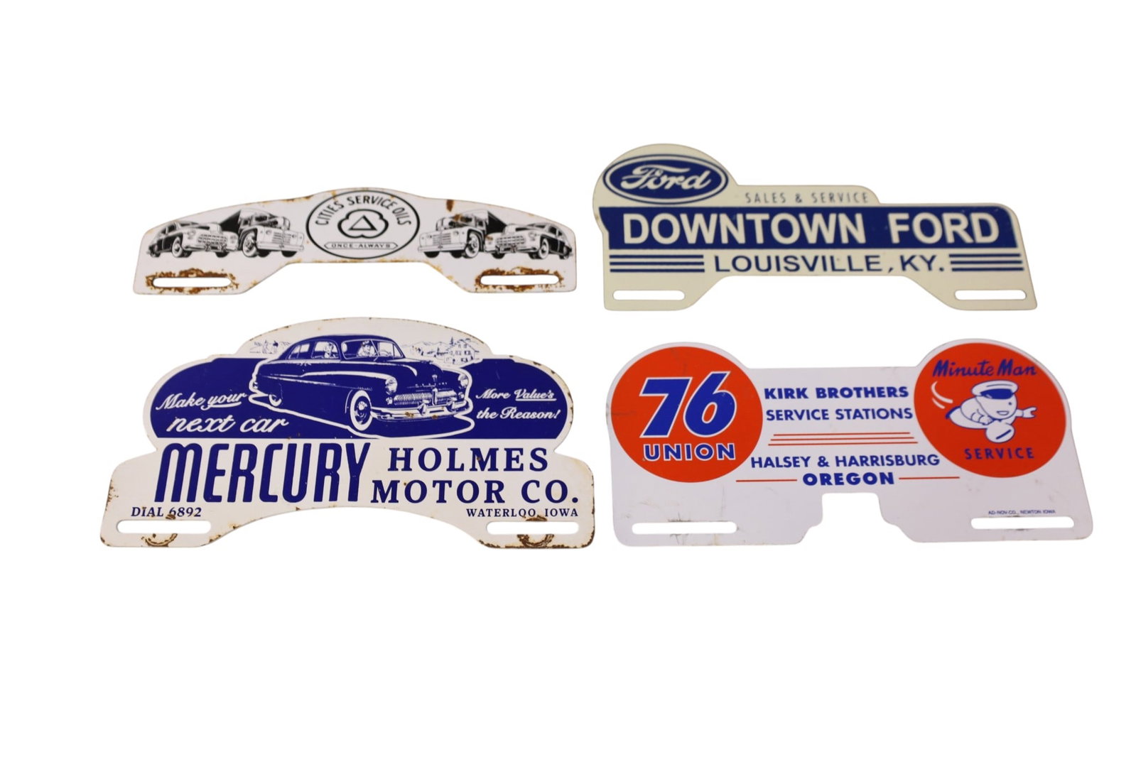 4 LICENSE PLATE TOPPERS: 76 MINUTE MAN, CITIES SERVICE, FORD & MERCURY LICENSE PLATE TOPPERS.