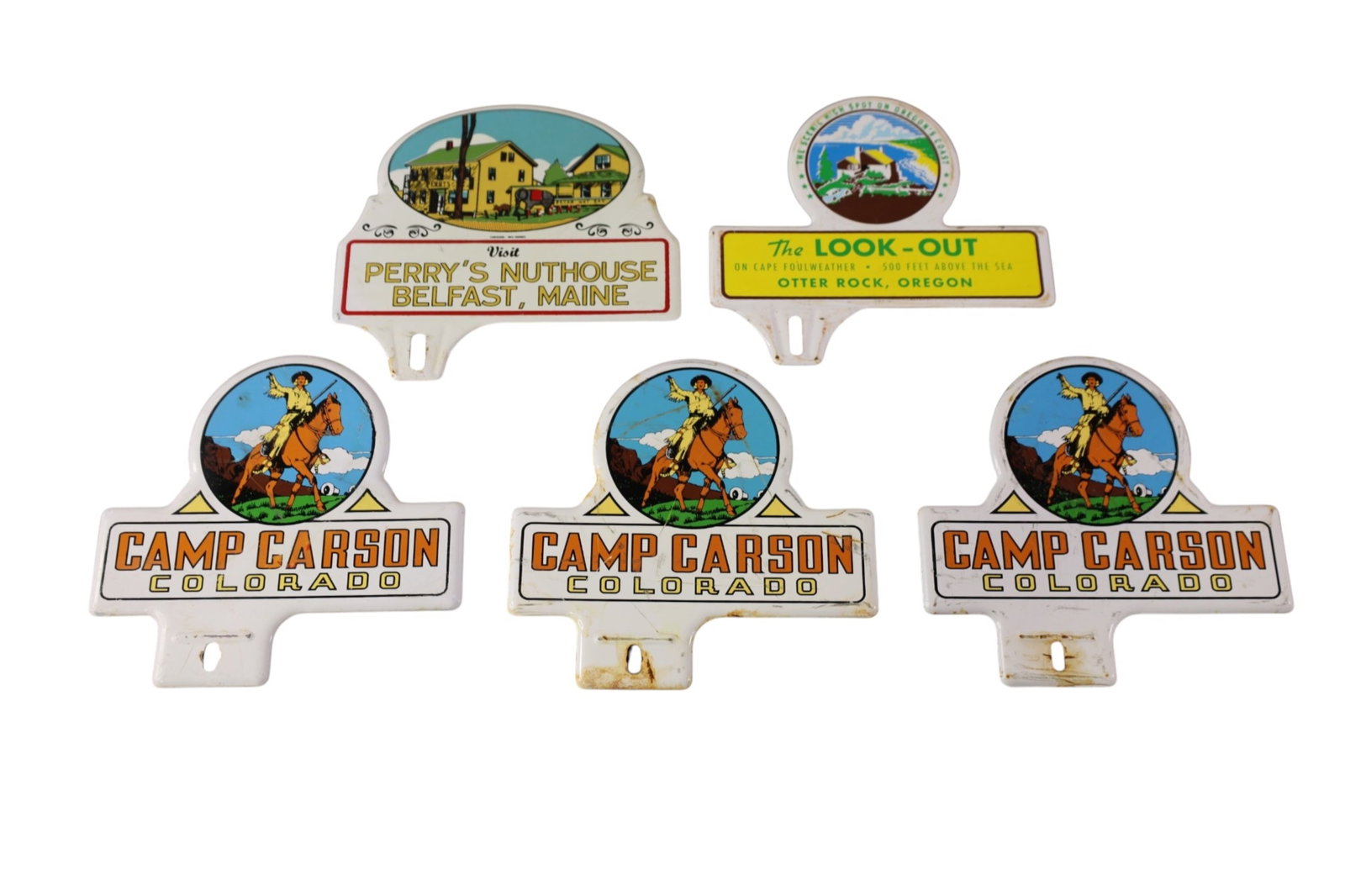 5 LICENSE PLATE TOPPERS: 5 TOURIST DESTINATION TOPPERS, COLORADO, PERRY'S NUT HOUSE, THE LOOK OUT OREGON & MORE