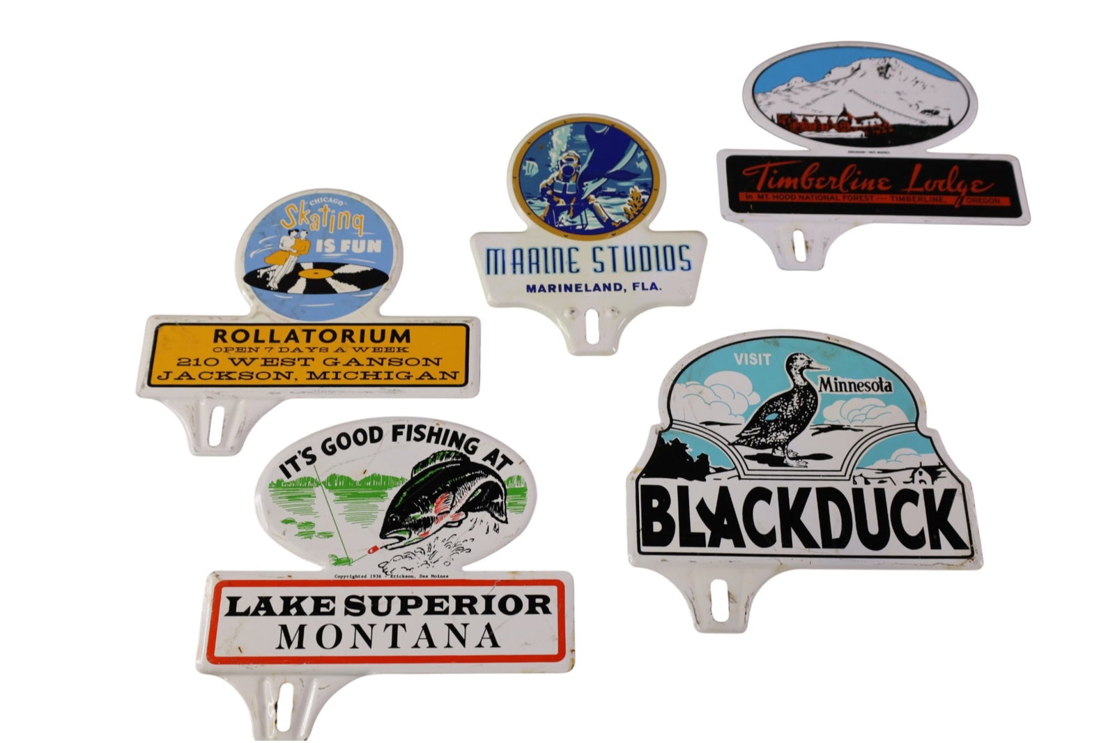 5 LICENSE PLATE TOPPERS: BLACK DUCK, MONTANA, MARINE STUDIOS, TIMERBLINE LODGE, ROLLATORIUM MICH.