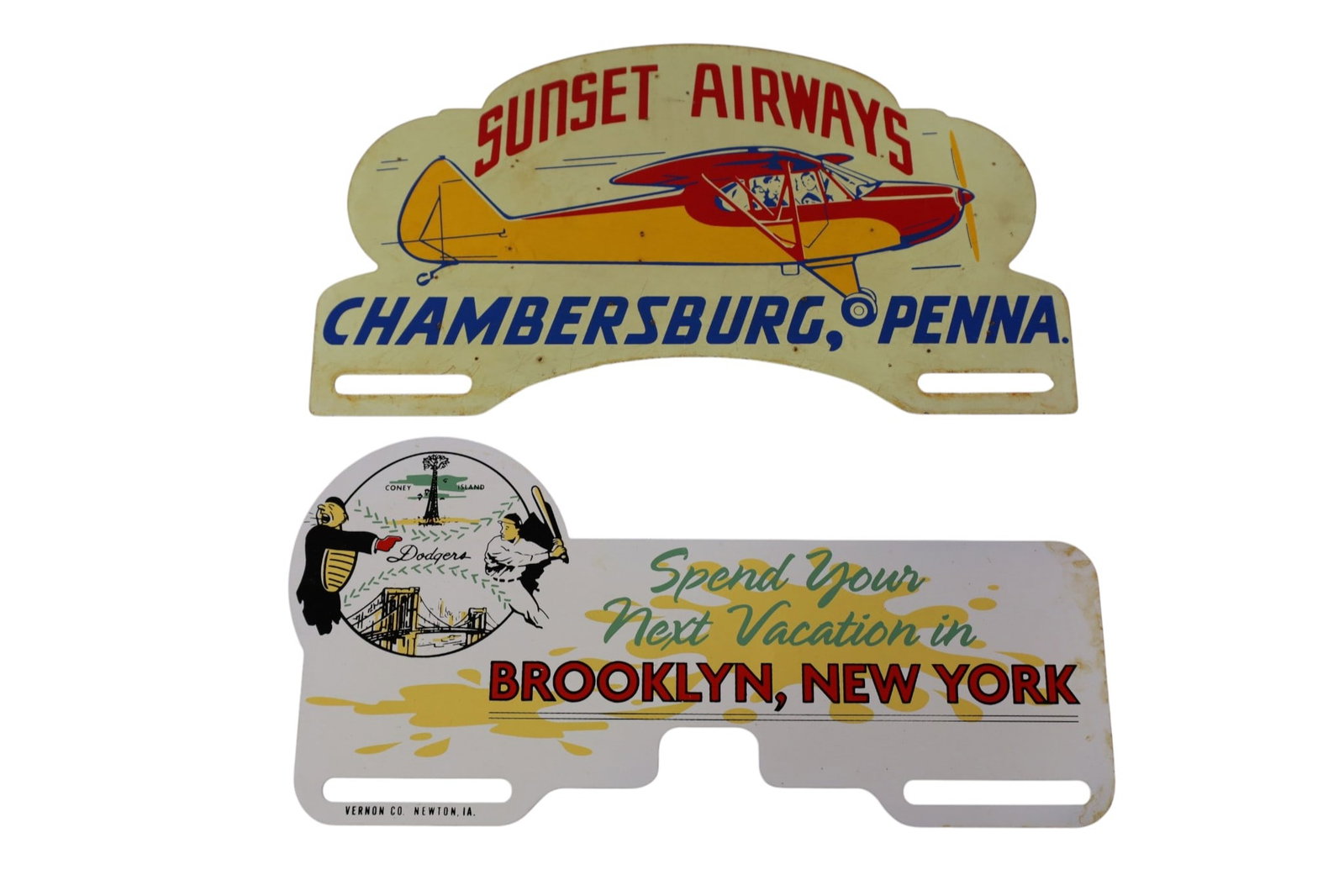 2 LICENSE PLATE TOPPERS: BROOKLYN N.Y. & SUNSET AIRWAYS PENN.