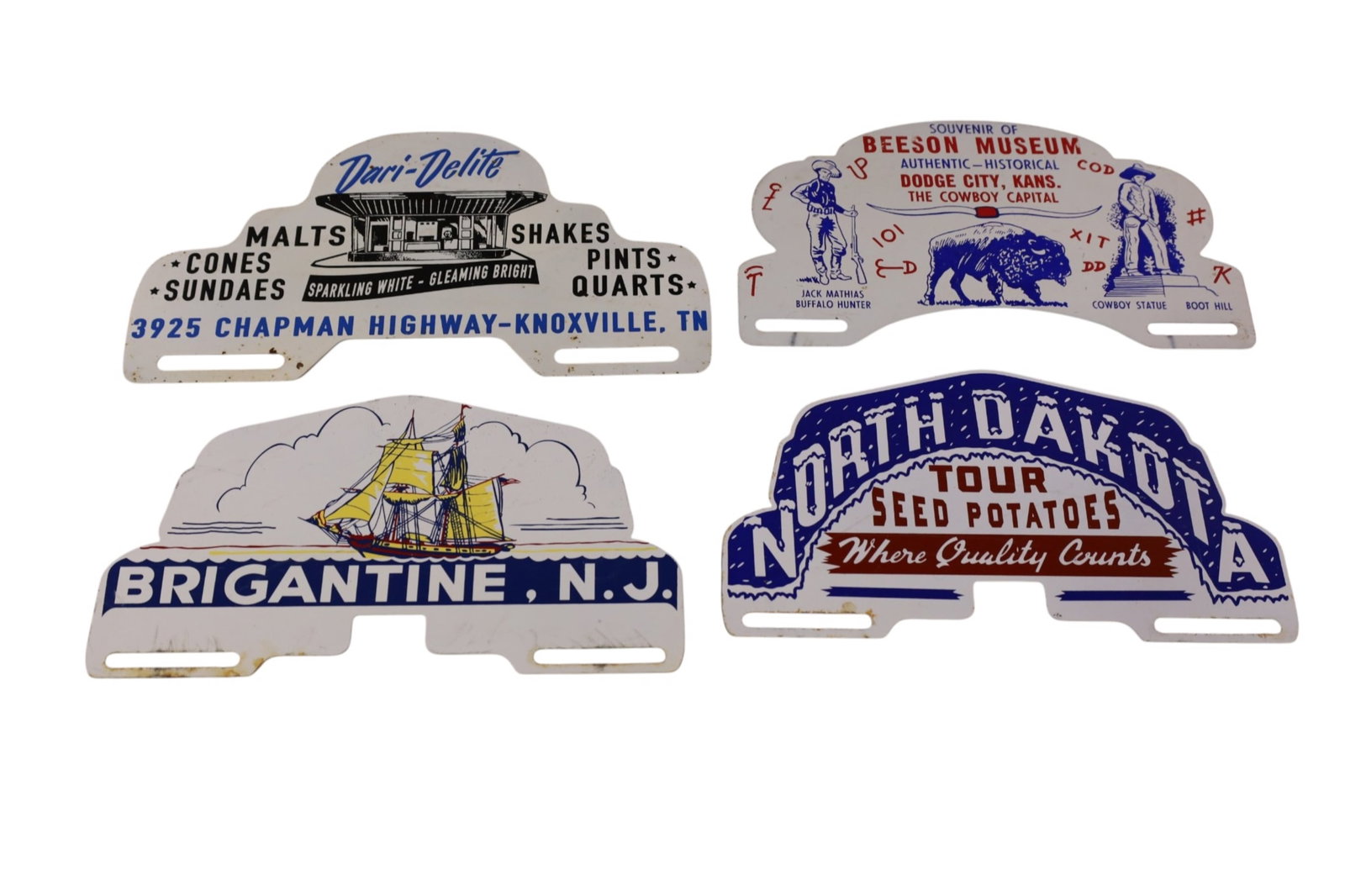 4 LICENSE PLATE TOPPERS: BRIGATINE, N.J. BEESON, SEED POTATO.