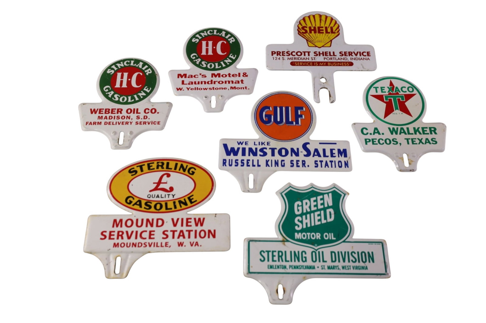 7 LICENSE PLATE TOPPERS: TEXACO, SHELL, GULF, SINCLAIR, AND MORE.