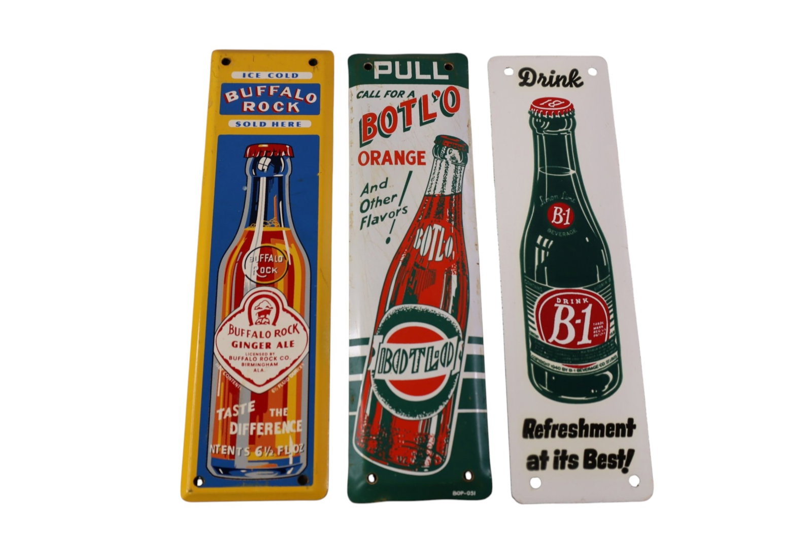 3 SODA DOOR SIGNS: DRINK B-1 (PORCELAIN), BOTTL-O ORANGE DRINK, & BUFFALO ROCK DOOR SIGNS. 3" x 10"