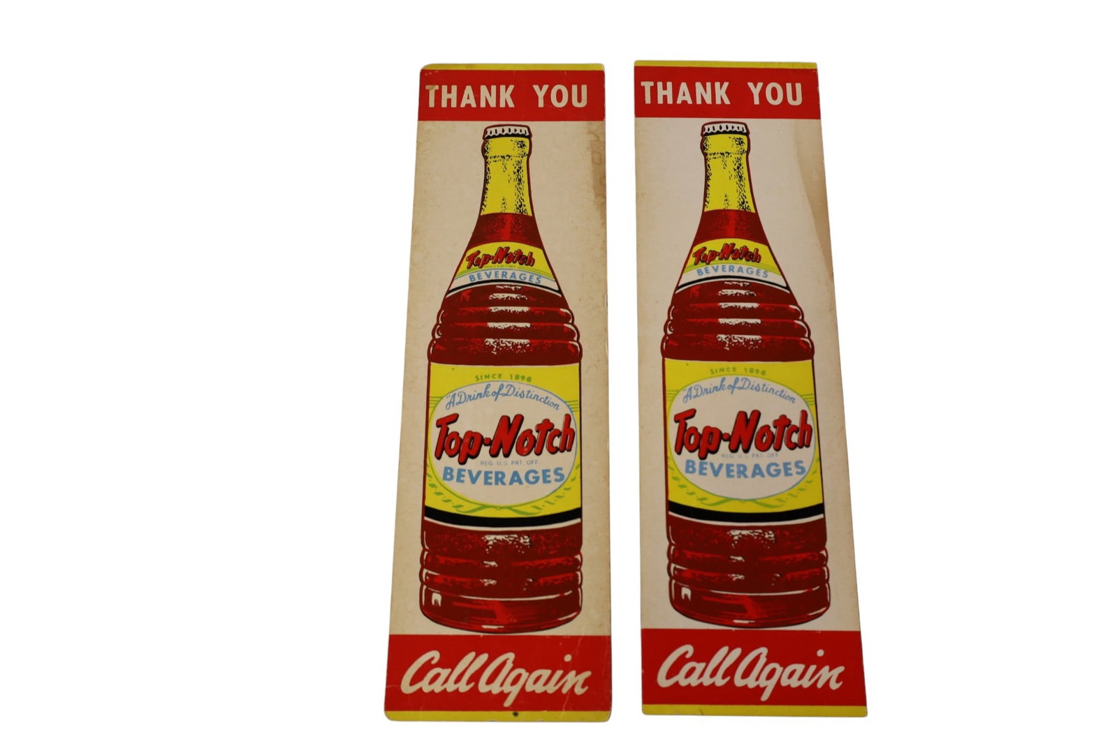2 CARDBOARD ADS: TOP-NOTCH BEVERAGE CARDBOARD ADS. 3 1/2" x 12"