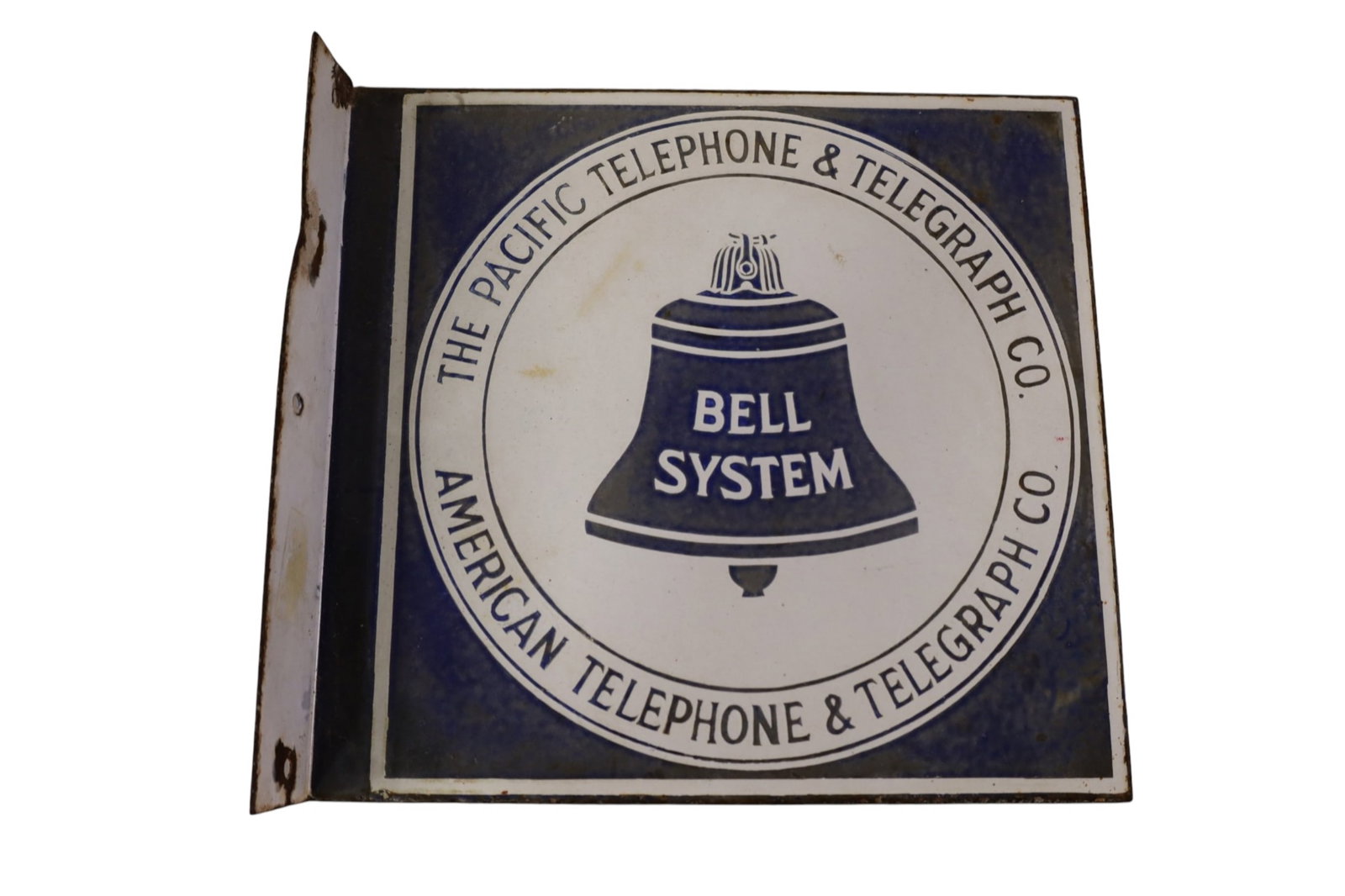 BELL SYSTEMS PORCELAIN FLANGE: DSP BELL SYSTEMS FLANGE SIGN, RUST, FADED. 12" x 11"