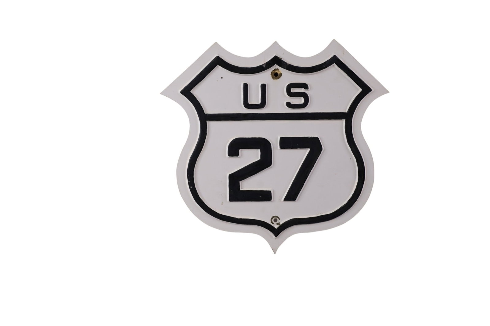 U.S. 27 HIGHWAY SHIELD SIGN: CAST IRON U.S. 27 HIGHWAY SHIELD SIGN. REPAINTED. 14" x 13"