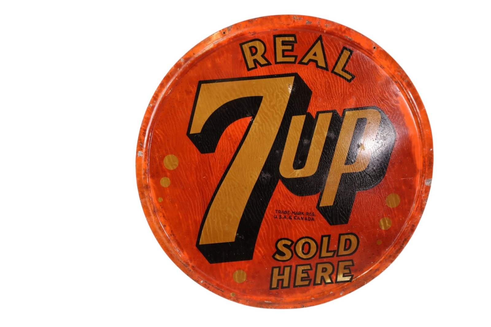 7UP METAL SIGN: SST 7UP SIGN, CLEAR COAT. 14" DIAM