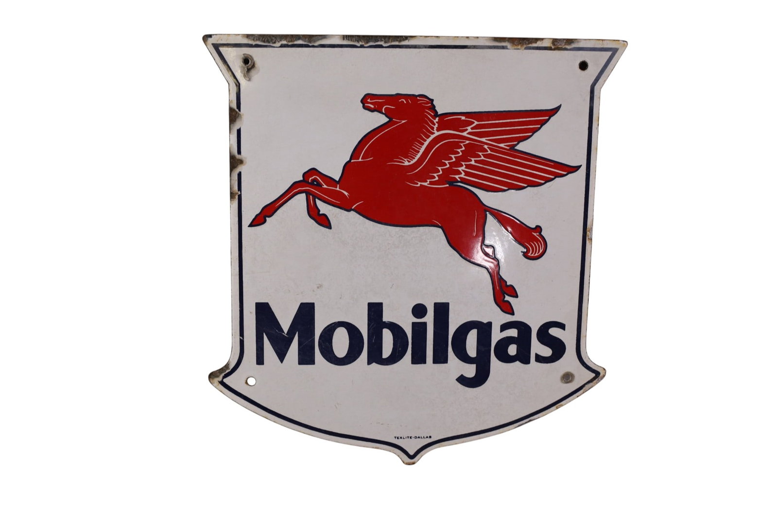 MOBILGAS PORCELAIN PUMP PLATE: SSP MOBILGAS PUMP PLATE WITH PEGASUS. CHIPS. 12" x 13"