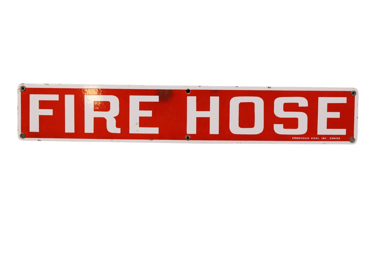 FIRE HOSE PORCELAIN SIGN: SSP FIRE HOSE SIGN, SMALL CHIPS. 4" x 24"