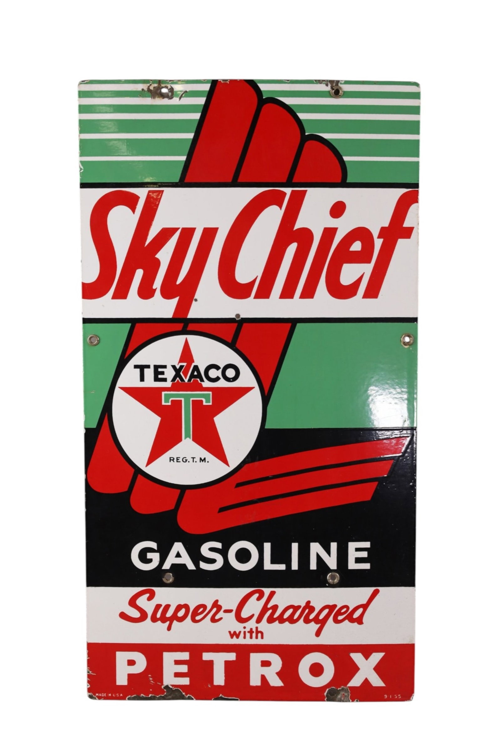 TEXACO SKY CHIEF PUMP PLATE: SSP TEXACO SKY CHIEF, PETTROX PUMP PLATE, SMALL CHIPS. 12" x 22"