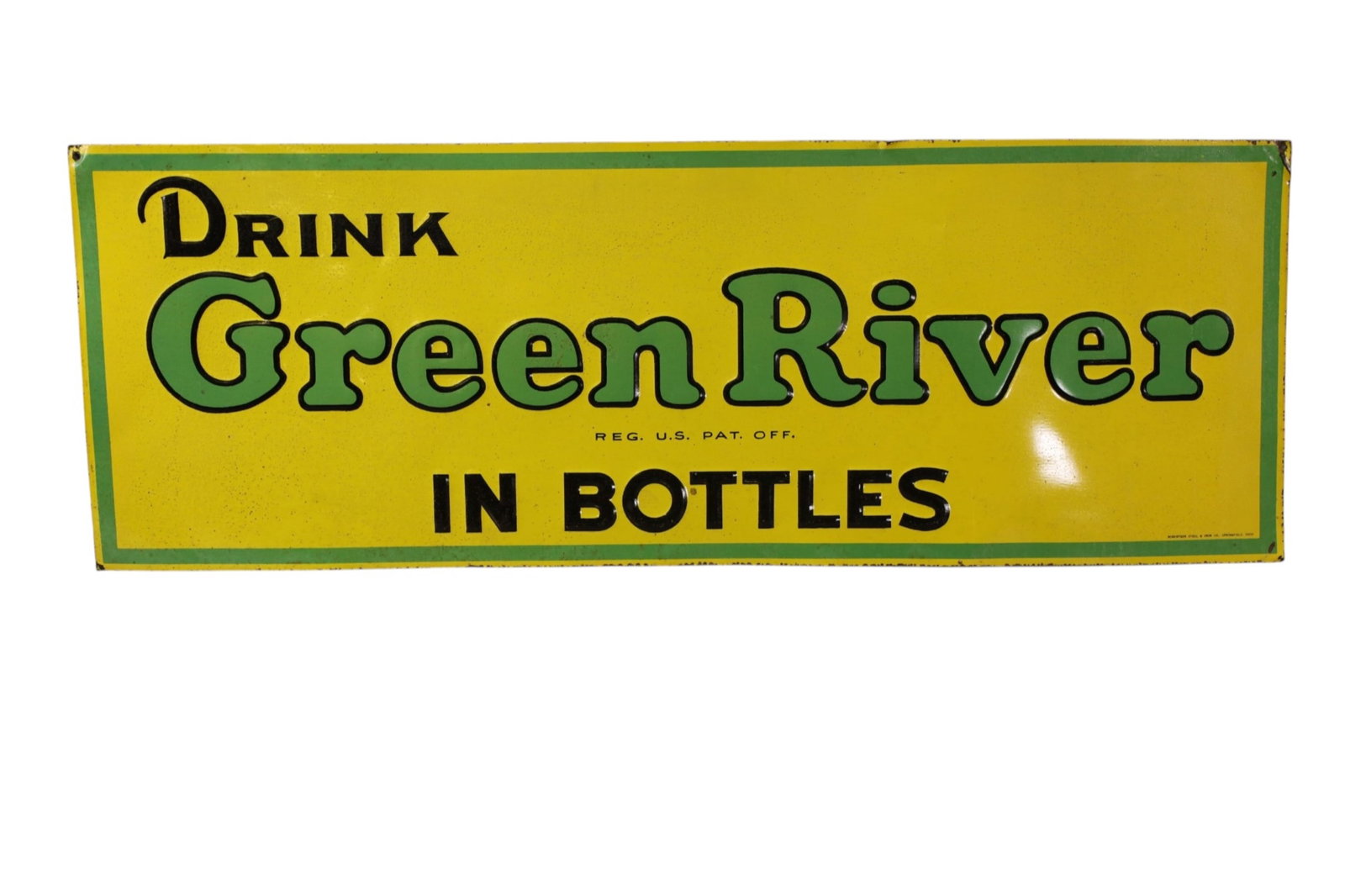GREEN RIVER IN BOTTLES METAL SIGN: EMBOSSED SST DRINK GREEN RIVER IN BOTTLES SIGN. SMALL CREASE. 10" x 28"