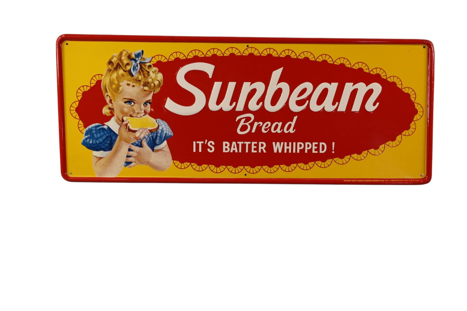 SUNBEAM BREAD METAL SIGN: EMBOSSED SST SUNBEAM BREAD SIGN, LIGHT SCRATCHES. 11 1/2" x 29 1/2"