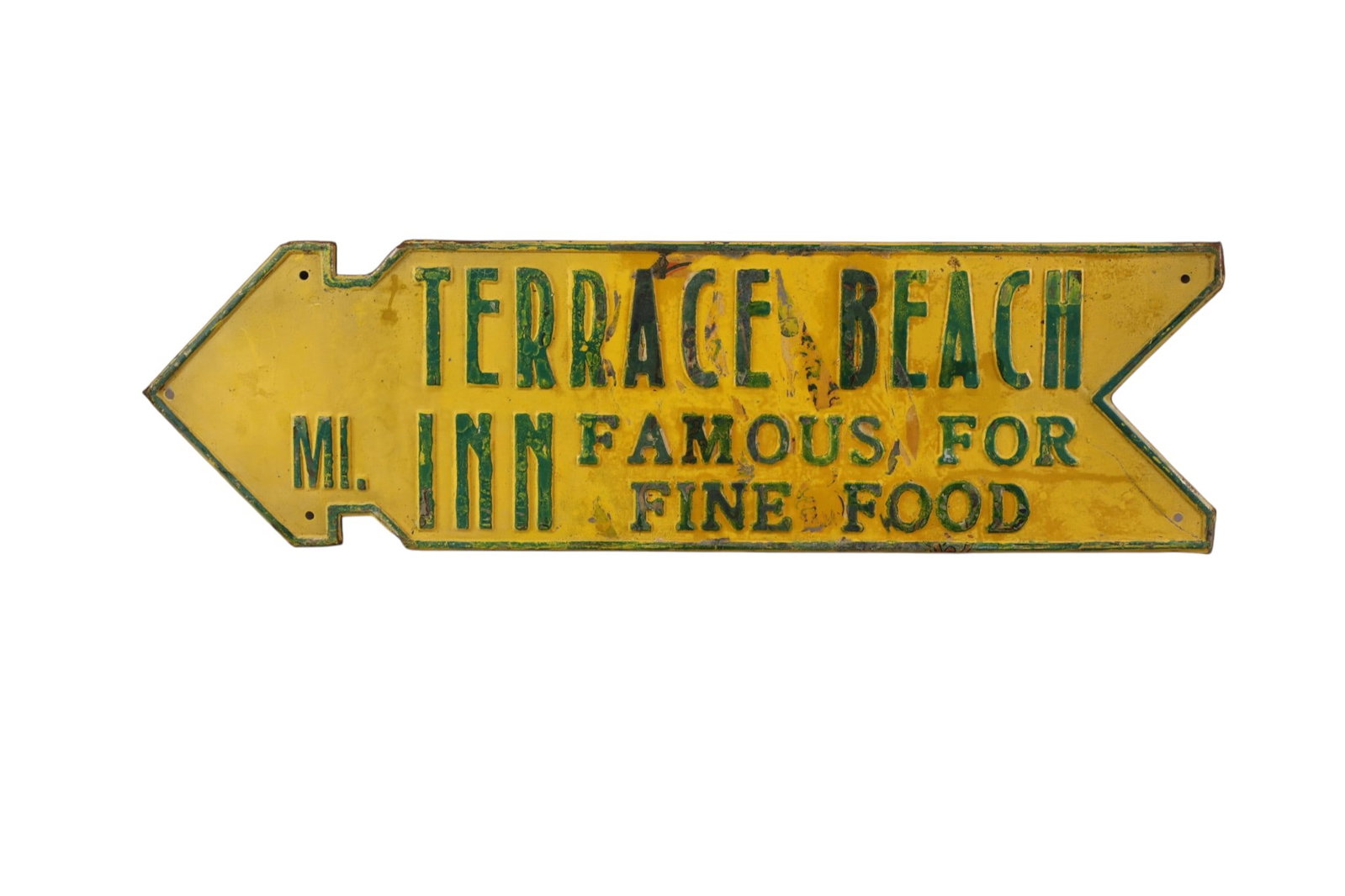 TERRACE BEACH INN ARROW SIGN: PAINTED METAL TERRACE BEACH INN (MICHIGAN) SIGN, REPAINTED, PAINT LOSS. 8 1/2" x 30"