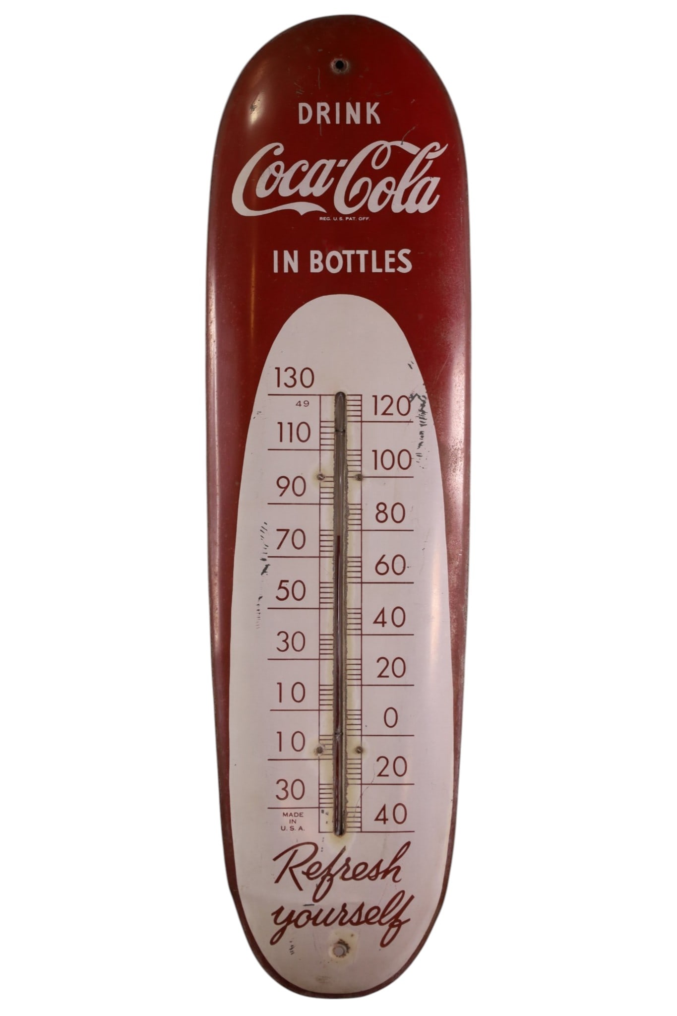 COCA COLA THERMOMETER: PAINTED METAL, DRINK COCA COLA REFRESH YOURSELF THERMOMETER. FADED. PAINT LOSS. 30" x 8"