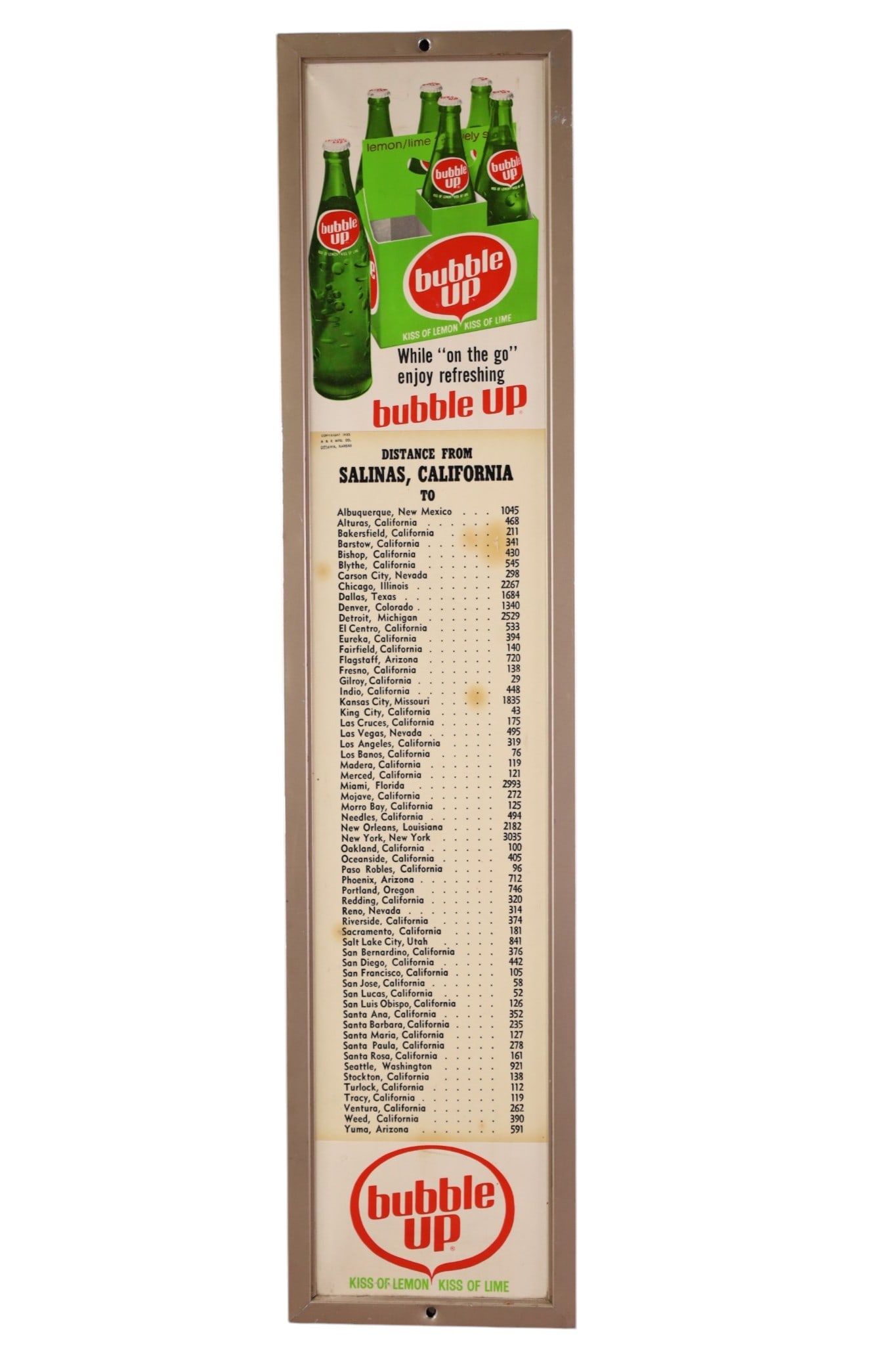 BUBBLE UP LOCATION BOARD: BUBBLE UP ADVERTISMENT BOARD. DISCOLORATION. 31" x 7"