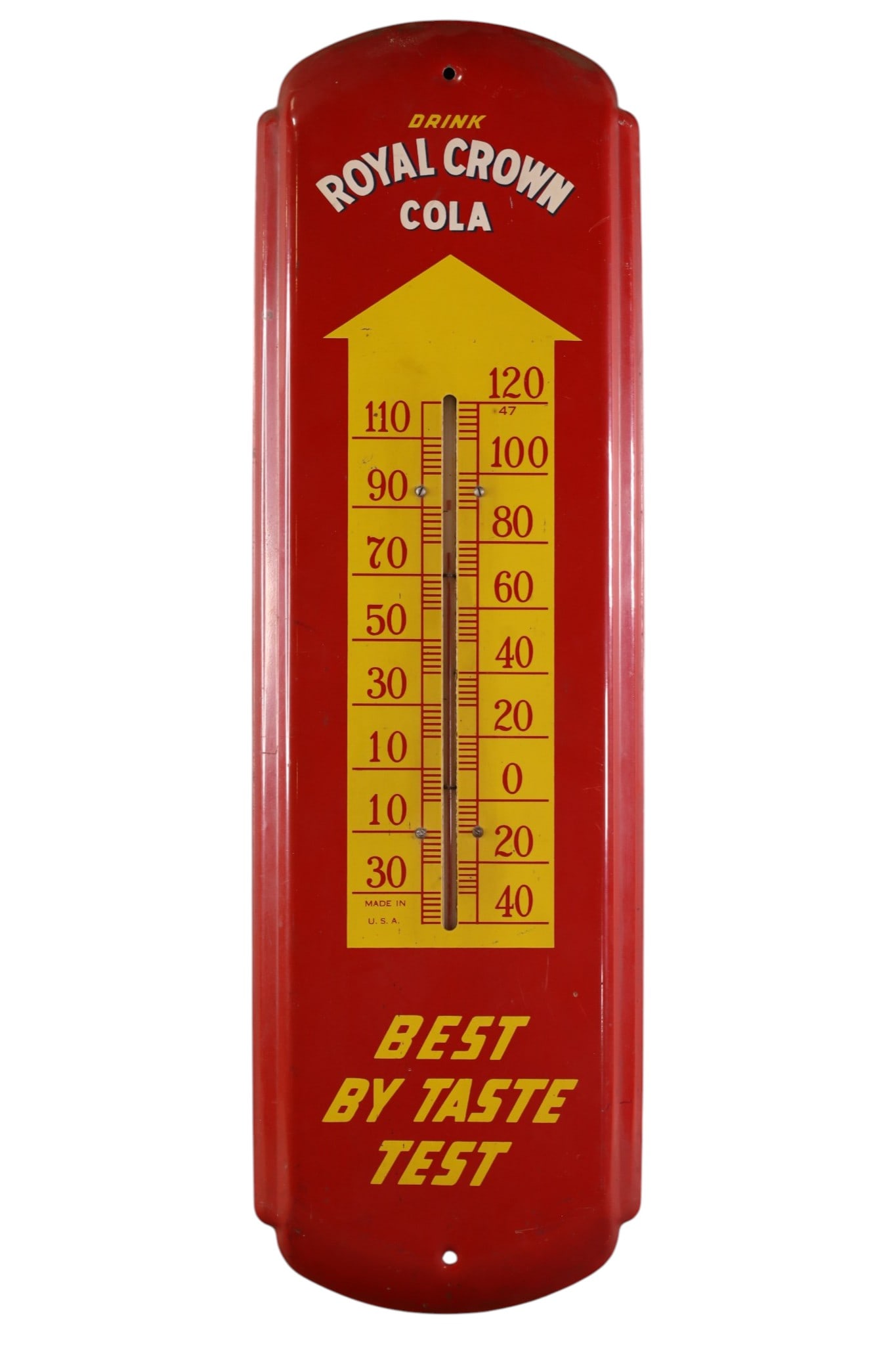 ROYAL CROWN COLA THERMOMETER: SST ROYAL CROWN COLA THERMOMETER, 27" x 8"