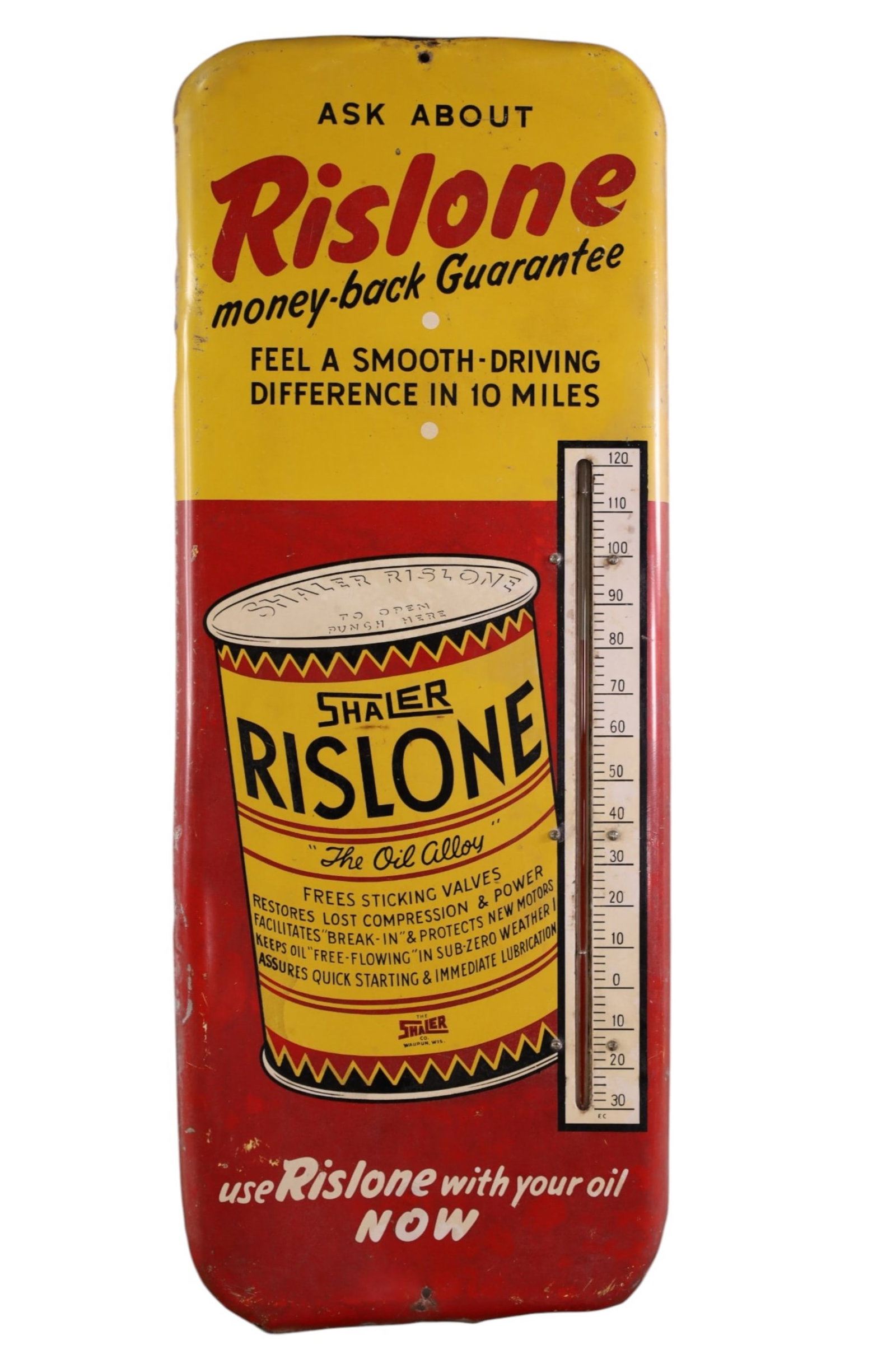 RISLONE THERMOMETER: SST RISLONE THERMOMETER, SCRATCHES, PAINT LOSS. 25 1/2" x 10"