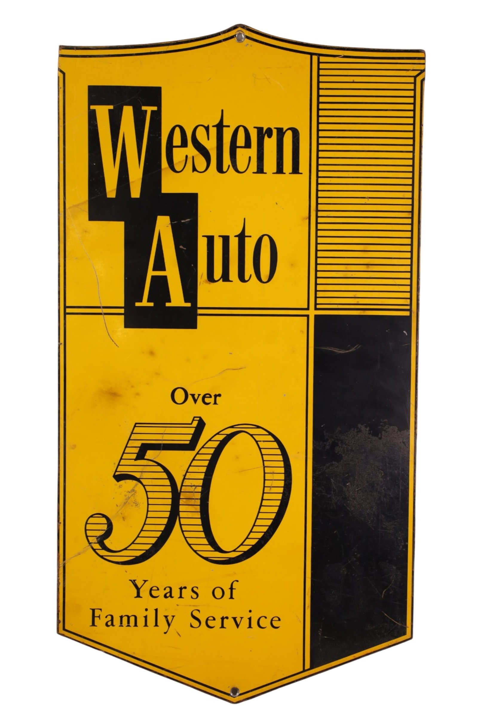WESTERN AUTO METAL SIGN: SST WESTERN AUTO 50 YEARS OF SERVICE SIGN, SCRATCHES. 24" x 13"