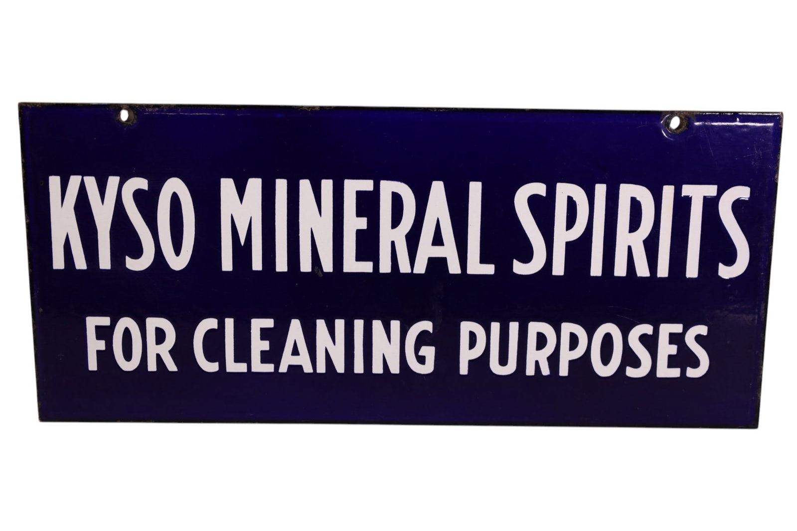 KYSO MINERAL SPIRITS PORCELAIN SIGN: DSP KYSO MINERAL SPIRITS SIGN, FOR CLEANING PURPOSES. 18" x 8"