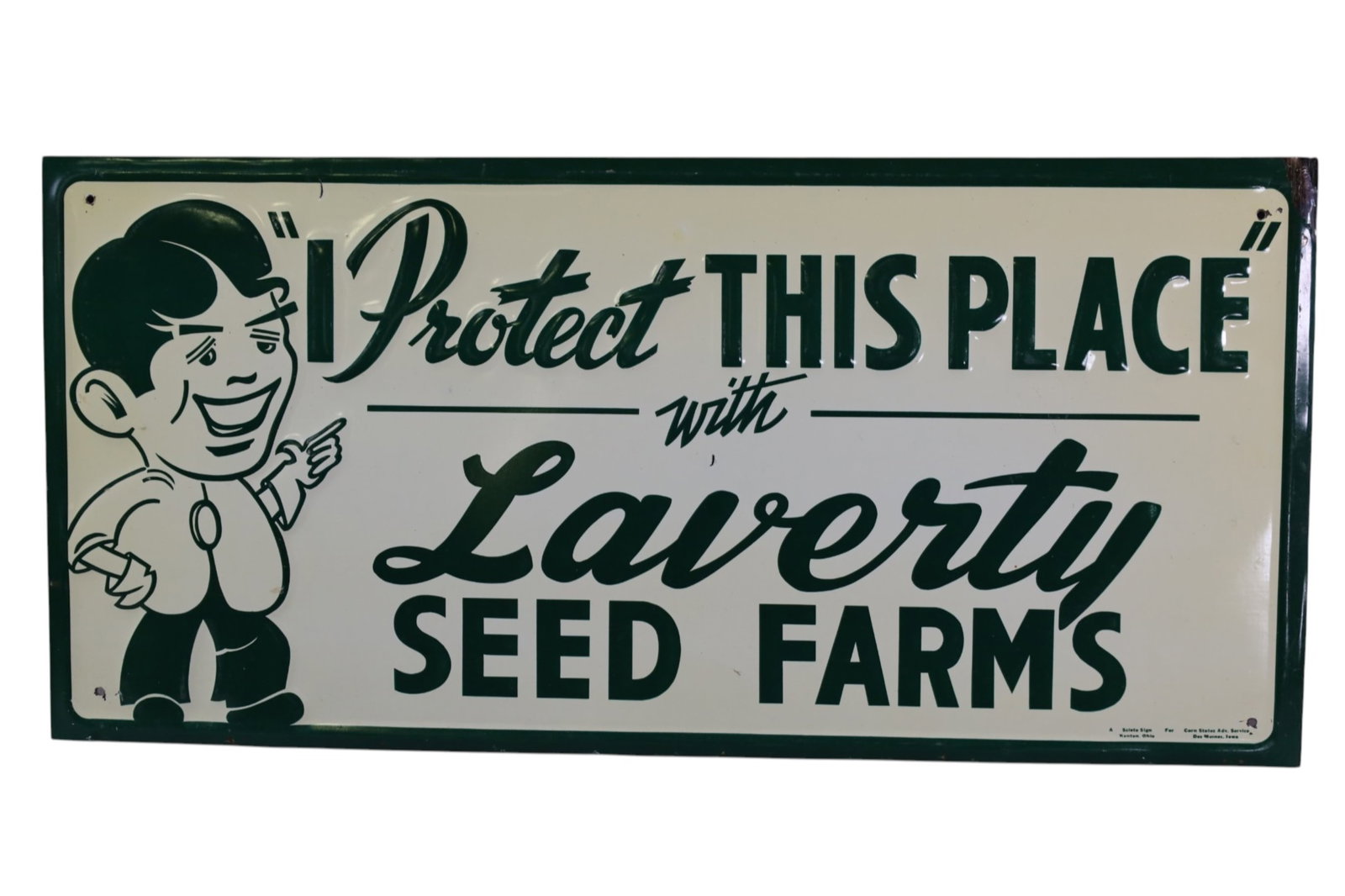 LAVERTY SEED FARMS PAINTED METAL SIGN: EMBOSSED SST LAVERTY SEED FARMS SIGN, SCRATCHES. 19 3/4" x 9 1/4"