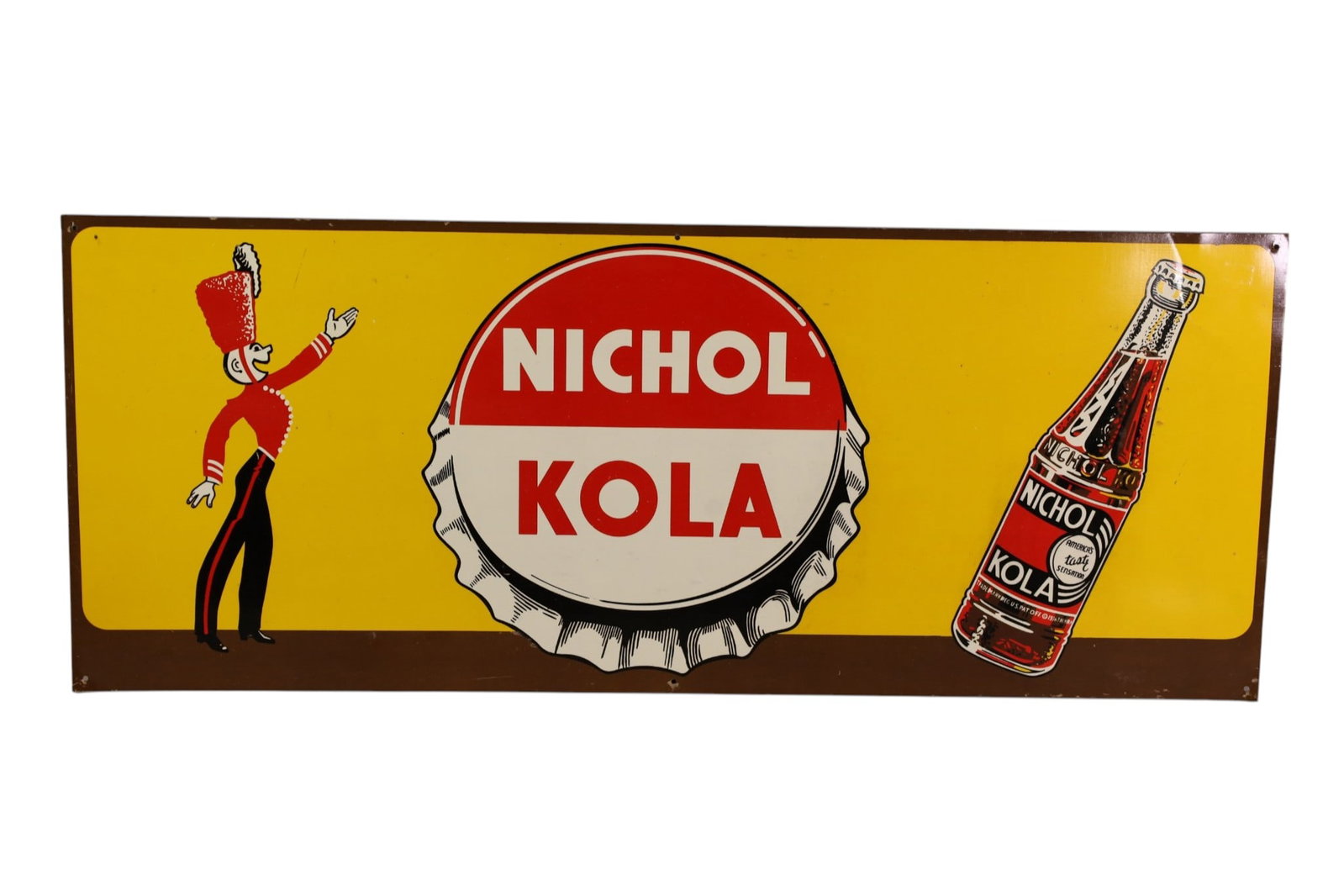 NICHOL KOLA METAL SIGN: SST NICHOL KOLA SIGN, WITH BOTTLE CAP GRAPHIC. SURFACE SCRATCHES. 29 1/2" x 12"