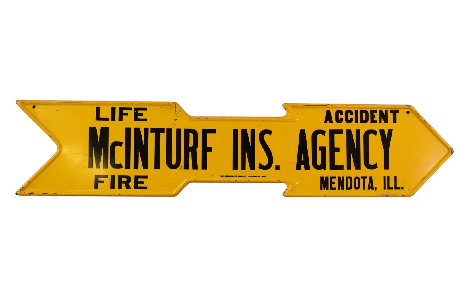 INSURANCE ARROW SIGN: SST INSURANCE ARROW SIGN, SCRATCHES, 27 1/2" x 5 3/4"