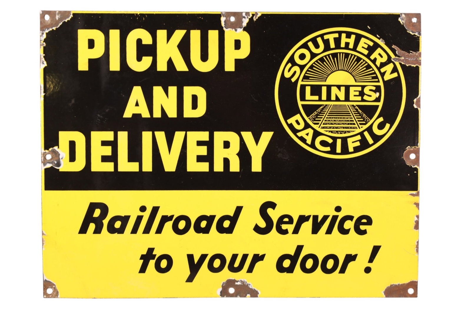 SOUTHERN PACIFIC PORCELAIN SIGN: SSP SOUTHERN PACIFIC RAILROAD PICK UP AND DELIVERY SIGN. CHIPS. 21" x 16"