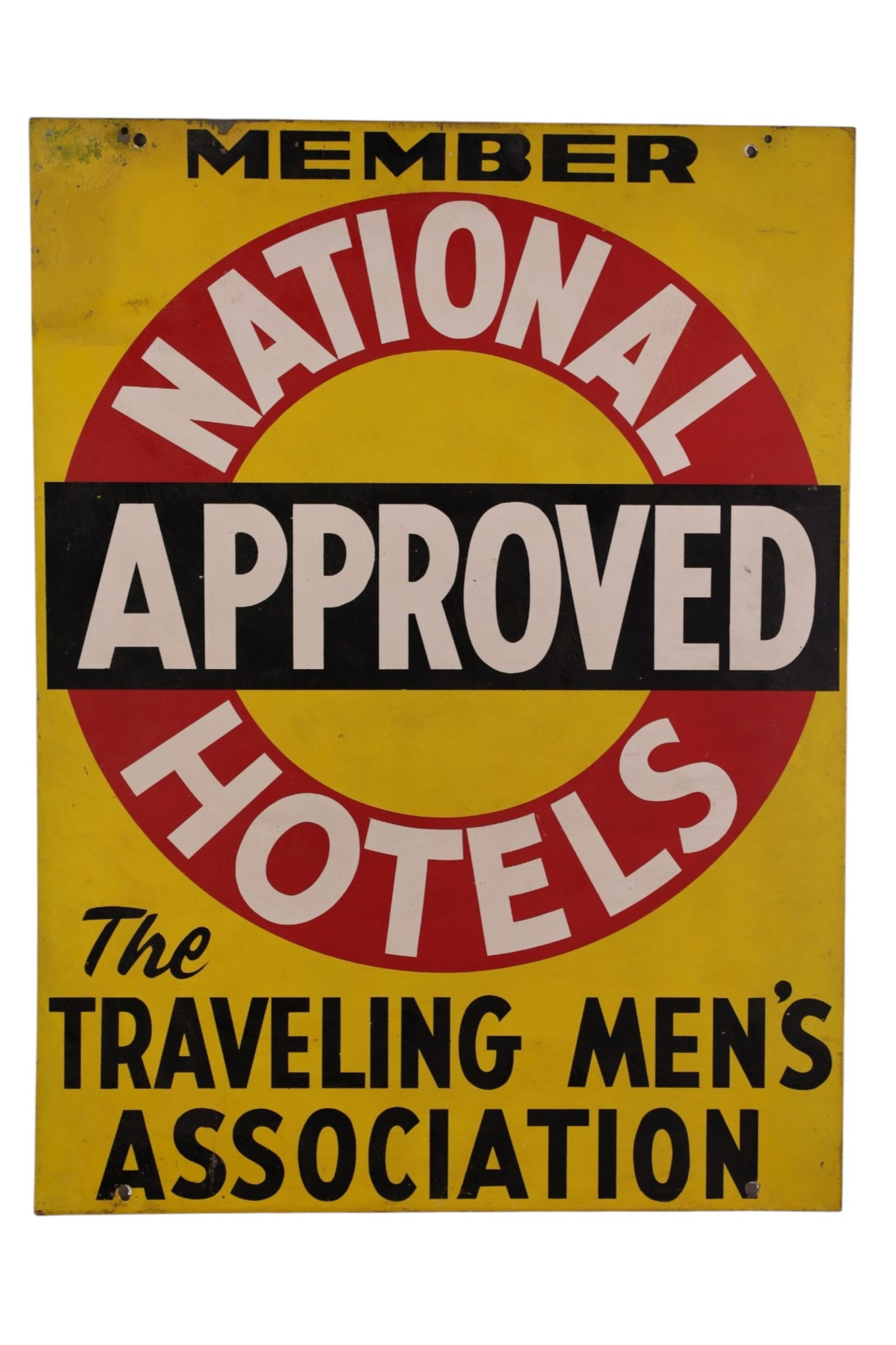 NATIONAL APPROVED HOTELS METAL SIGN: PAINTED METAL NATIONAL APPROVED HOTELS SIGN, FADED, PAINT LOSS. 18" x 24"