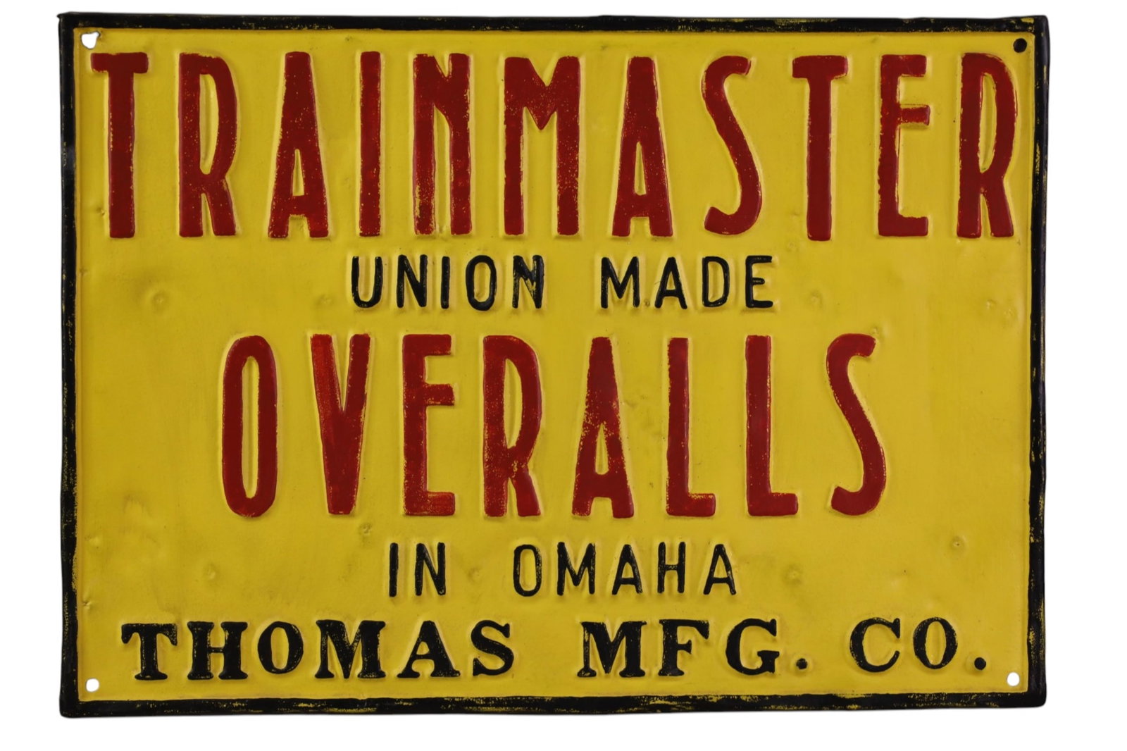TRAIN MASTER OVERALLS METAL SIGN: PAINTED METAL TRAIN MASTER OVERALLS SIGN, FADED, PAINT LOSS. 17" X 12"
