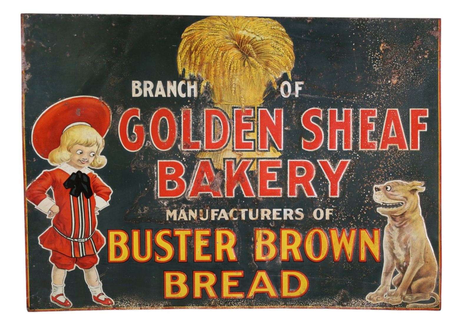 BUSTER BROWN BREAD METAL SIGN: SST BUSTER BROWN BREAD, GOLDEN SHEAF, PAINT LOSS, RUST. 28" X 19 1/2"