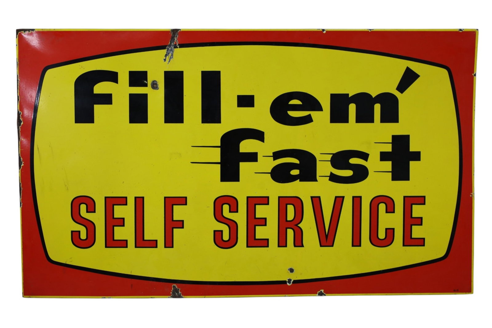 LARGE FILL-EM FAST PORCELAIN SIGN: LARGE SSP FILL-EM FAST SELF SERVICE SIGN, CHIPS, 58" x 34 1/2" THIS ITEM EXCEEDS SIZE, WEIGHT, AND OR FRAGILITY LIMITATIONS FOR IN HOUSE SHIPPING, MUST BE PICKED UP IN HOUSE OR SHIPPED VIA 3RD PARTY