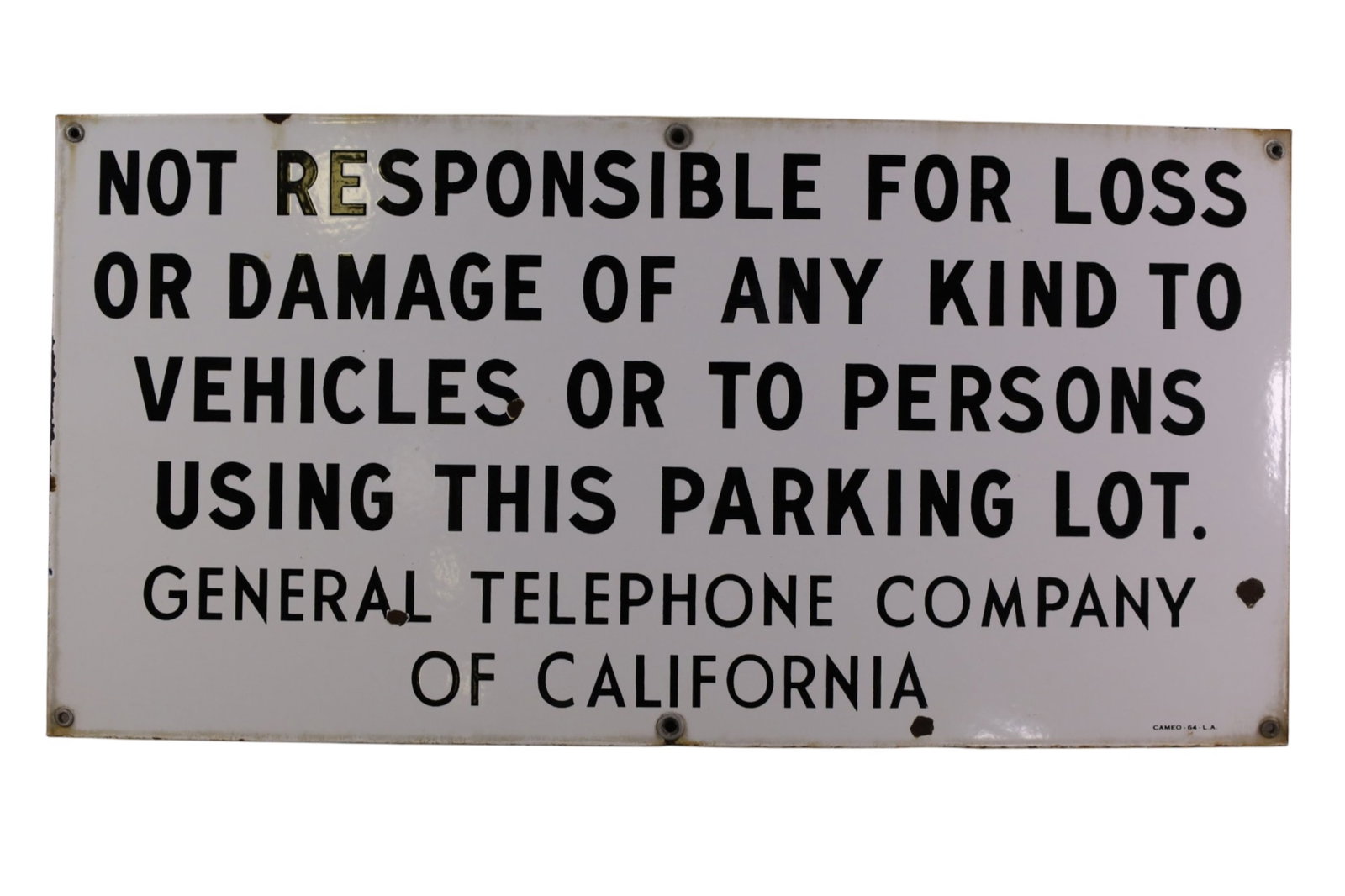 GENERAL TELEPHONE OF CA DAMAGE PORCELAIN SIGN: SSP GENERAL TELEPHONE OF CA DAMAGE SIGN, CHIPS, DISCOLORATION. 24" x 12"