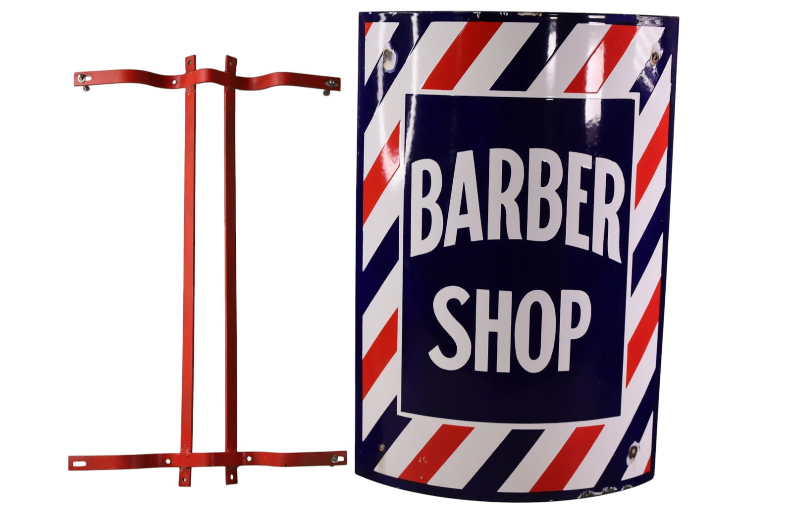 BARBER SHOP PORCELAIN SIGN: CURVED SSP BARBER SHOP SIGN, WITH ORIGINAL MOUNTING BRACKET. 16" x 24"