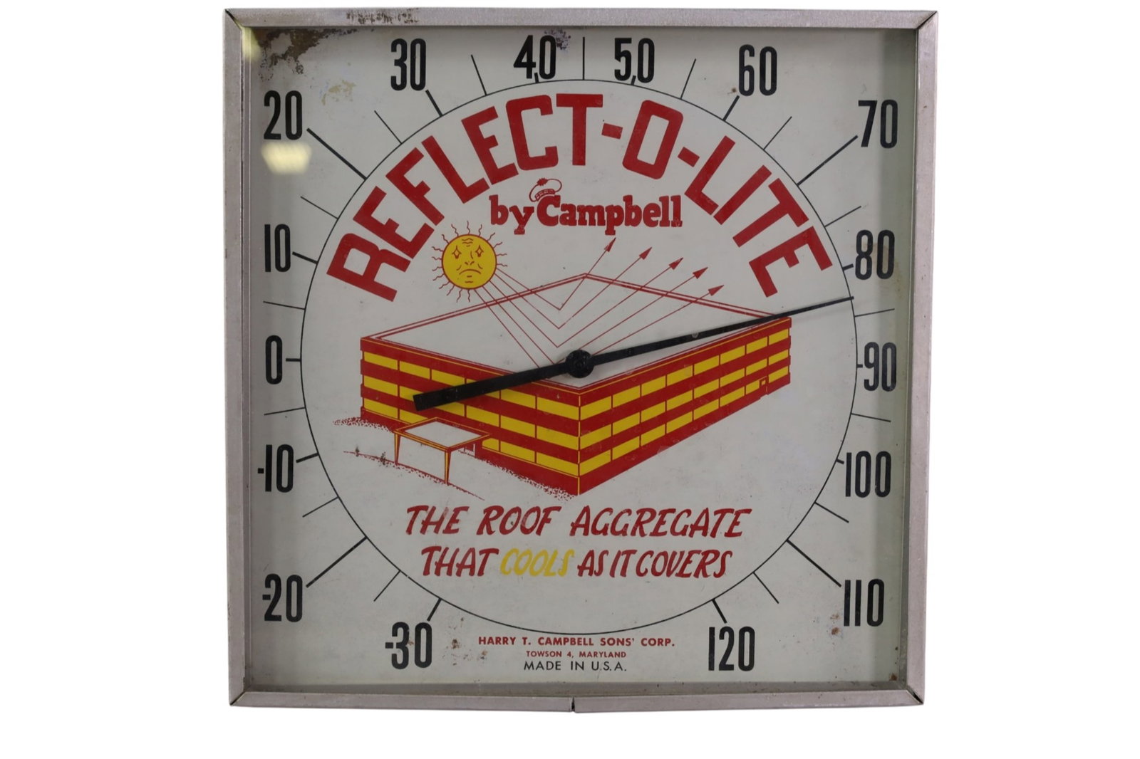 REFLECT-O-LITE THERMOMETER: SQUARE REFLECT-O-LITE THERMOMETER, BY CAMPBELL, 12" x 12"