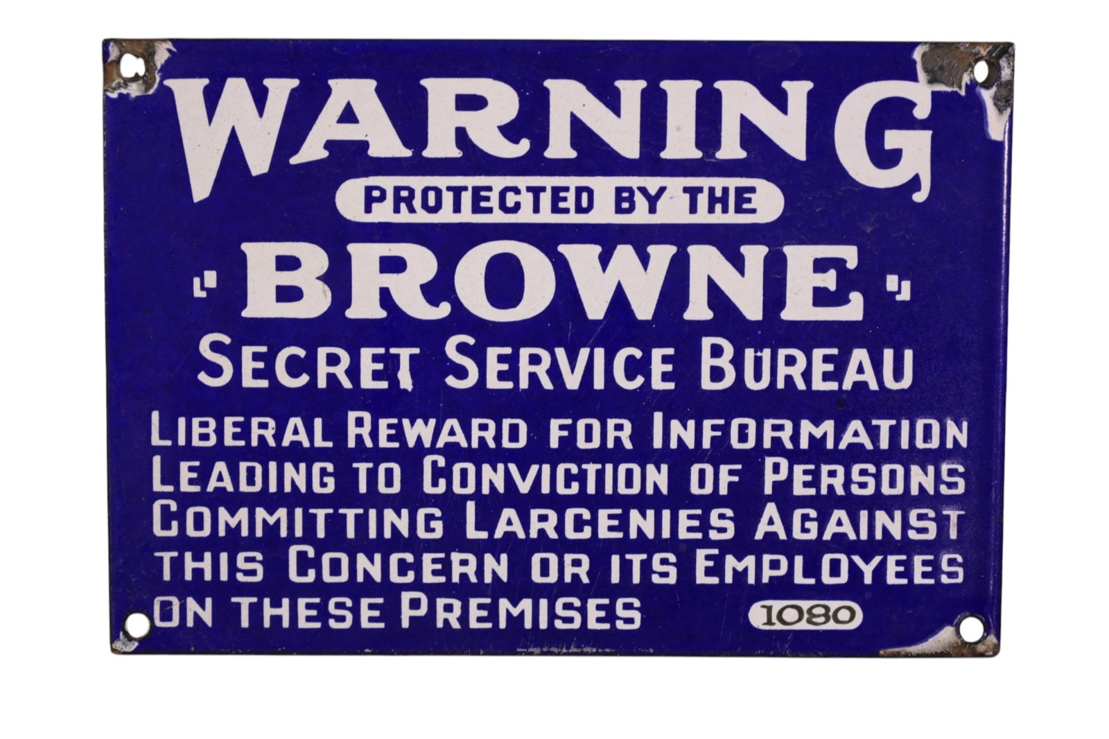 BROWNE SECRET SERVICE BRUEAU PORCELAIN SIGN: SMALL SSP BROWNE SECRET SERVICE SIGN, CHIPS. 8" x 5 1/2"