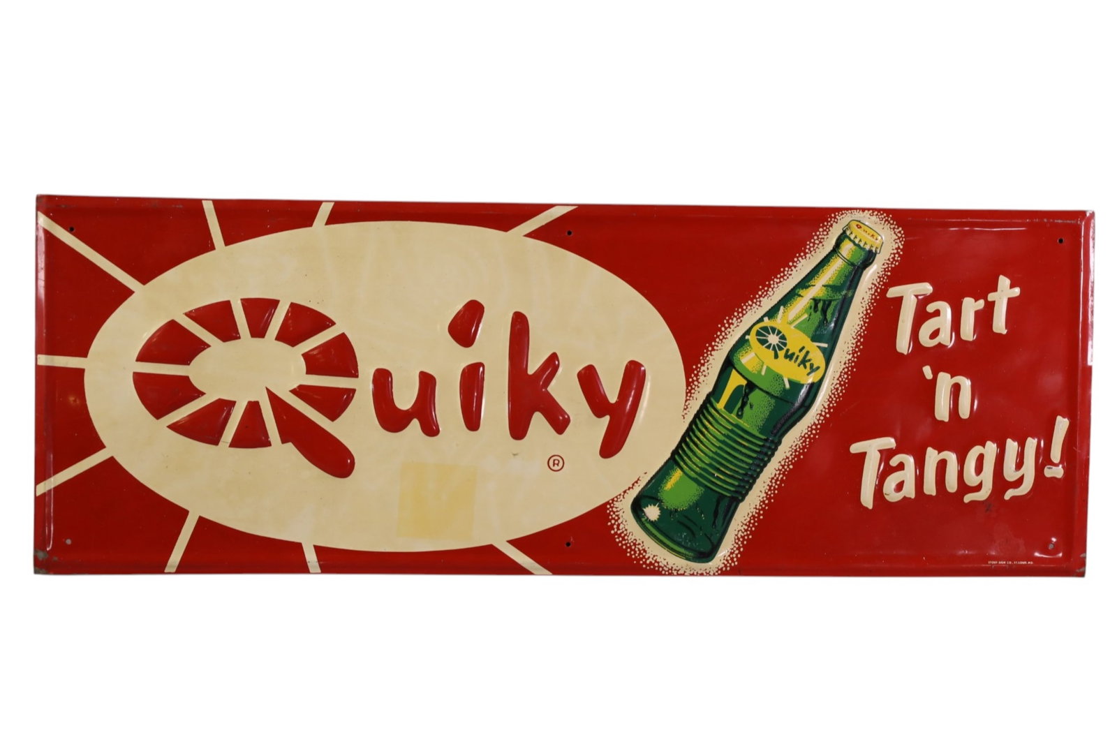 QUIKY SODA METAL SIGN: EMBOSSED SST QUIKY TART N TANGY SIGN, FADED, DISCOLORATION. 28" x 10"