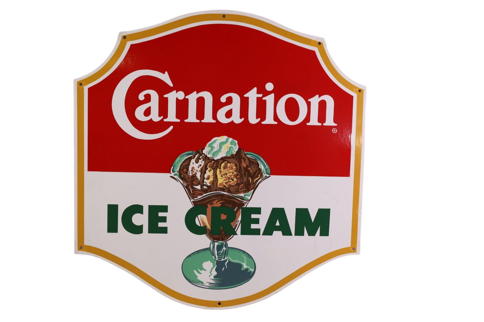 CARNATION ICE CREAM PORCELAIN SIGN: SSP CARNATION ICE CREAM SIGN, TOUCH UP NEAR ALL MOUNTING HOLES. 22" x 23"