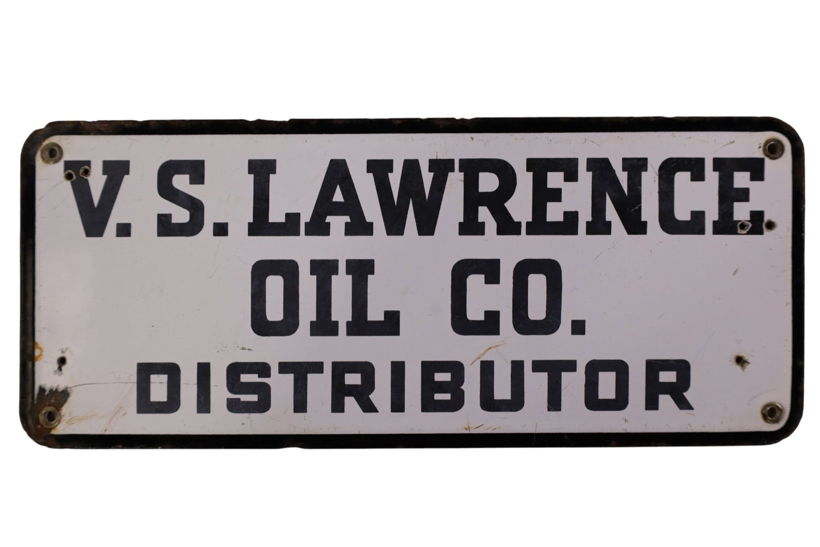LAWRENCE OIL CO PORCELAIN SIGN: SMALL SSP LAWRENCE OIL CO. SIGN. CHIPS, SCRATCHES. 12" X 5"