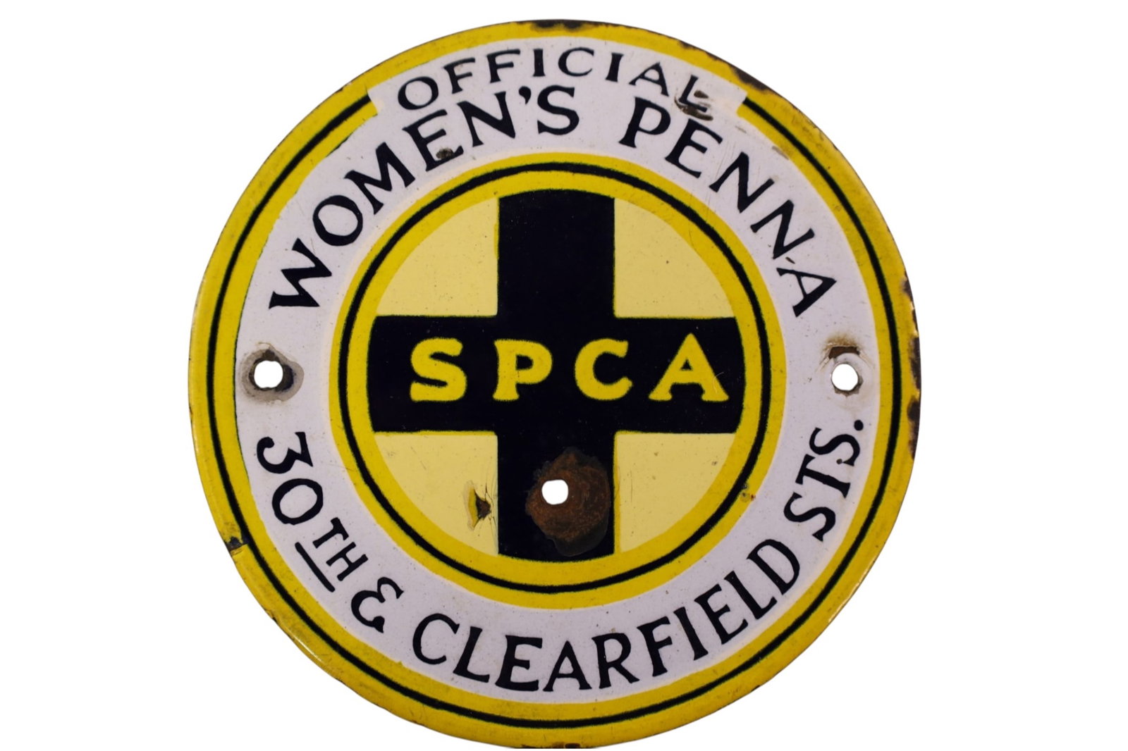 SPCA WOMENS PENNA. PORCELAIN SIGN: SMALL SSP SPCA WOMENS PENNSYLVANIA SIGN, HOLE. 6" DIAM