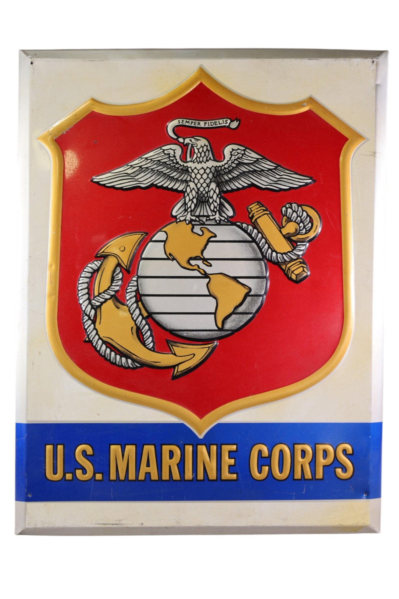 US MARINE CORPS METAL SIGN: EMBOSSED METAL OVER CARDBOARD, EASEL BACK SIGN. DENTS. 21 1/2" x 28 1/2"