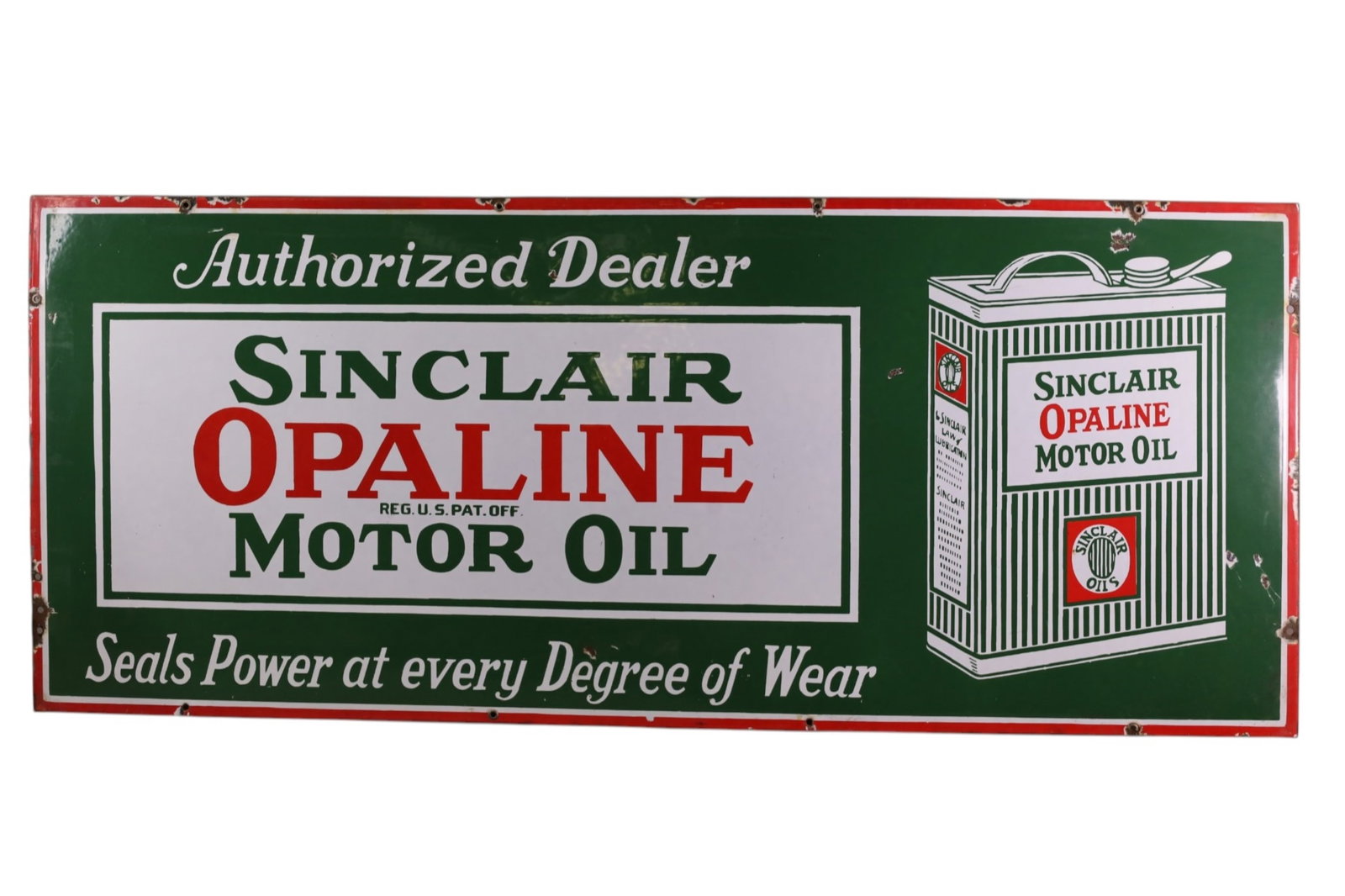 SINCLAIR OPALINE MOTOR OIL PORCELAIN SIGN (TAC): SSP SINCLAIR OPALINE MOTOR OIL AUTHORIZED DEALER SIGN, WITH OIL CAN GRAPHIC, CHIPS ALONG EDGES. SMALL CHIPS IN FIELD. VERY GOOD GLOSS. COUPLE OF EXTRA HOLES ON BOTTOM. 48" x 20" RATED 8.75 TAC #063422