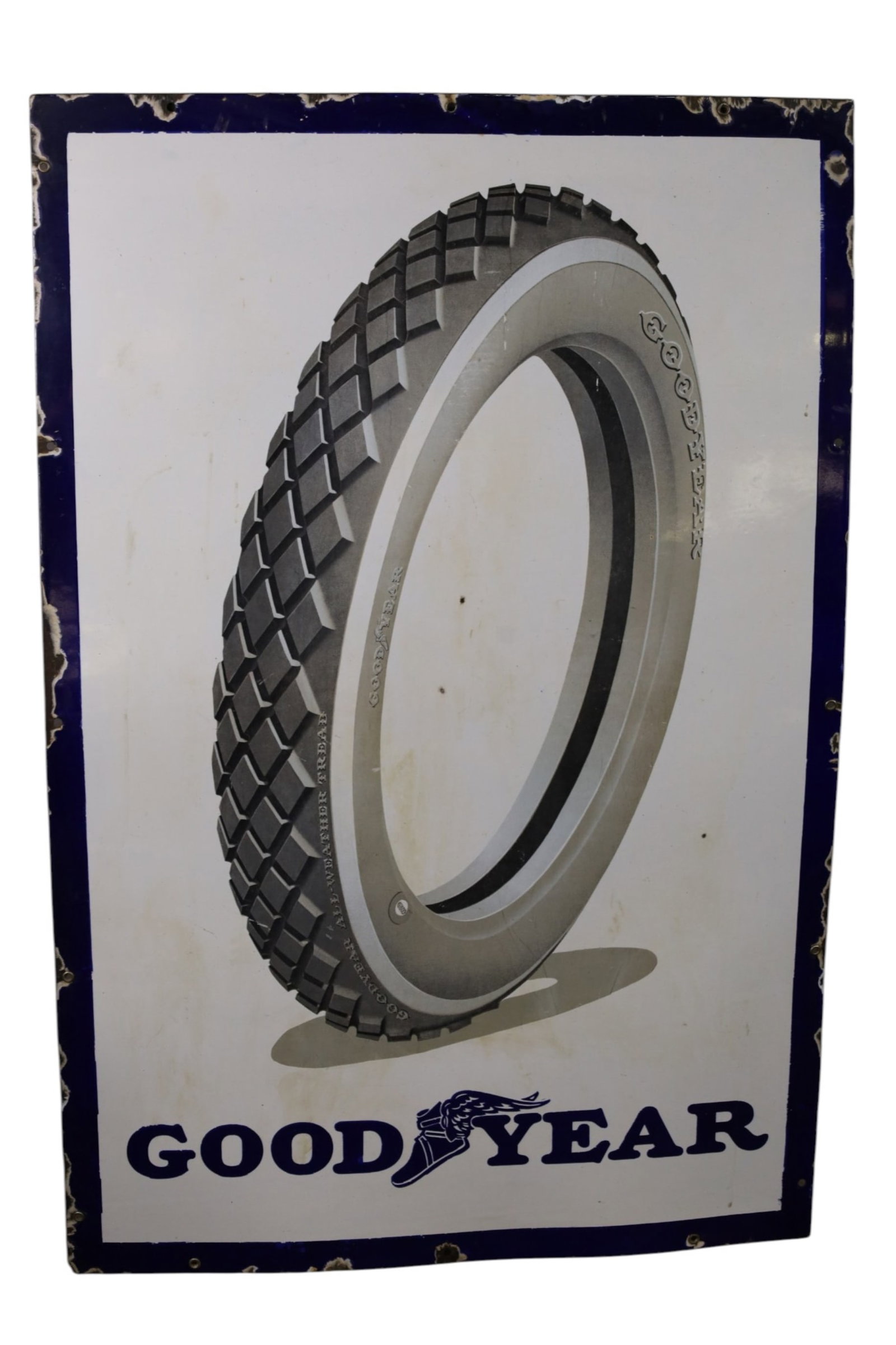 GOODYEAR TIRES PORCELAIN SIGN (TAC): SSP GOODYEAR TIRES SIGN, WITH TIRE GRAPHIC. CHIPS, GOOD GLOSS. EDGE WEAR. CHIPS ON EDGE. RUST STAINING ON FIELD. 30" X 45" RATED 8.5/ TAC #063431