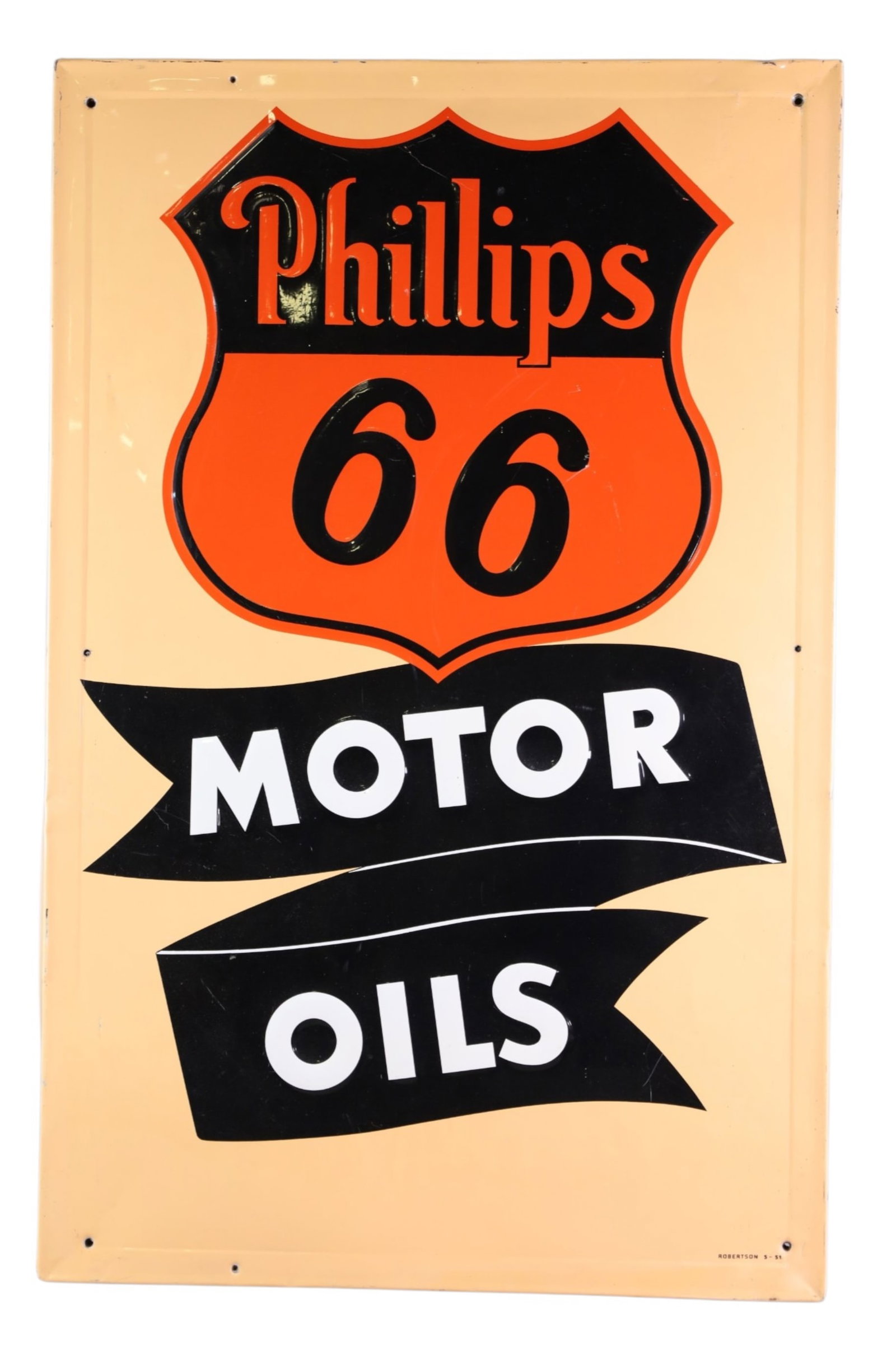 PHILLIPS 66 MOTOR OIL METAL SIGN (TAC): SST PHILLIPS 66 EMBOSSED SELF FRAMED SIGN, ON WOODEN BACKING. SMALL DENTS & EXTRA HOLES. MINOR SURFACE SCRATCHING. VERY GOOD GLOSS & COLOR 22" x 35" RATED 8.9 TAC #063412