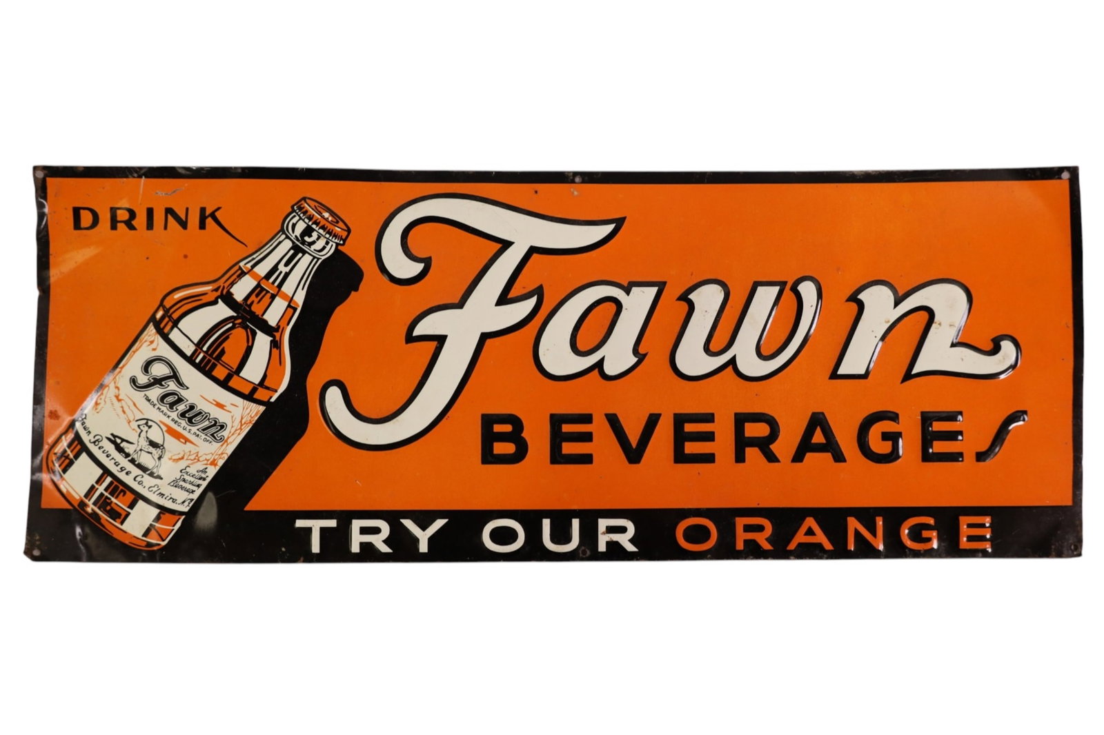 FAWN BEVERAGES METAL SIGN: SST DRINK FAWN BEVERAGES SIGN, PAINT LOSS, 20" x 7 1/2"