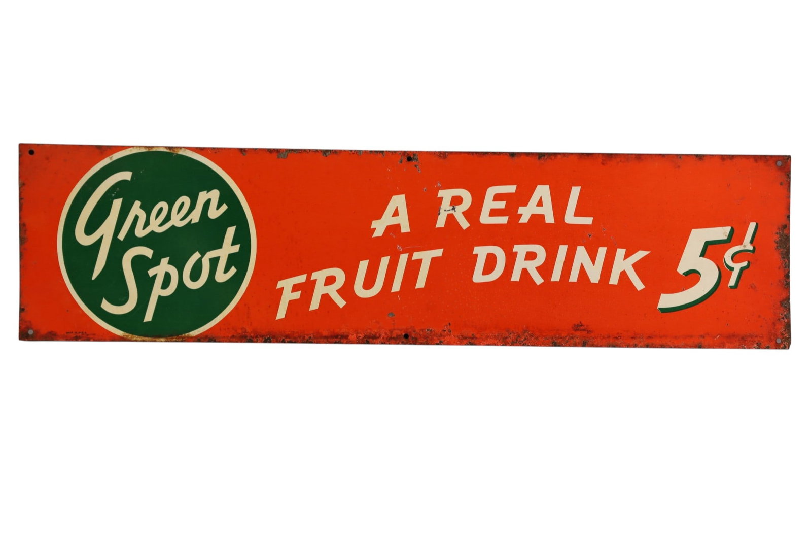 GREEN SPOT METAL SIGN: SST GREEN SPOT SIGN, RUST, PAINT LOSS. 27 1/2" x 7"