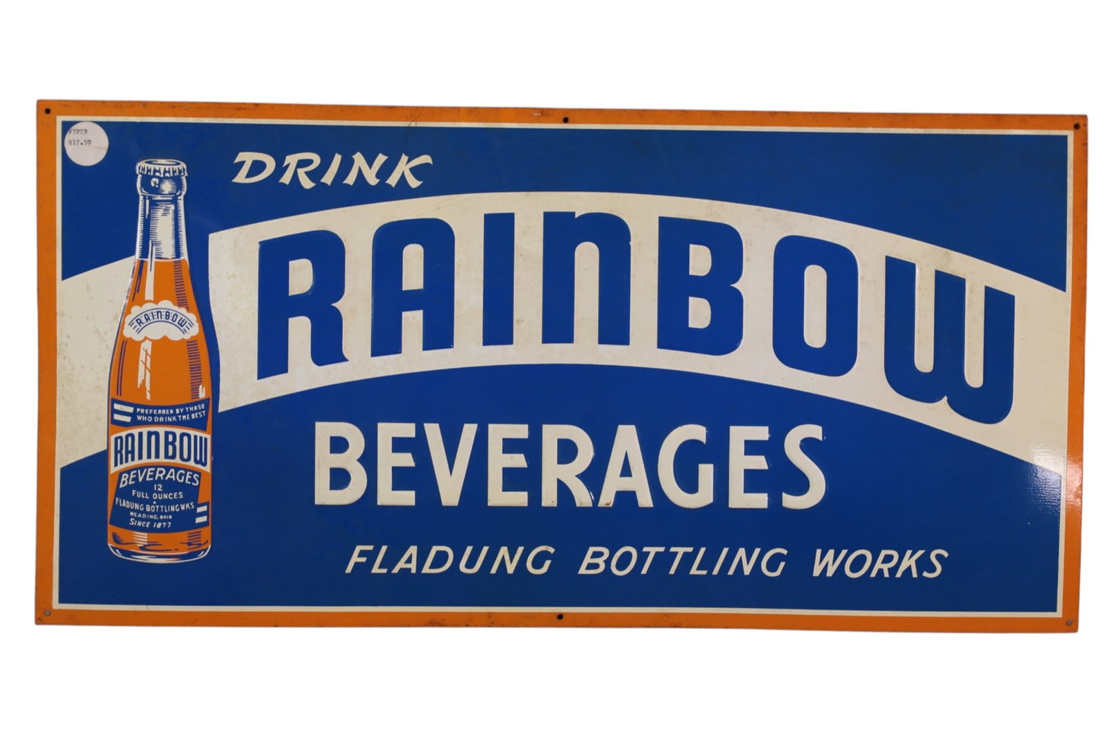 RAINBOW BEVERAGES METAL SIGN: SST DRINK RAINBOW BEVERAGES SIGN WITH BOTTLE GRAPHIC. SCRATCHES. 24" x 12"