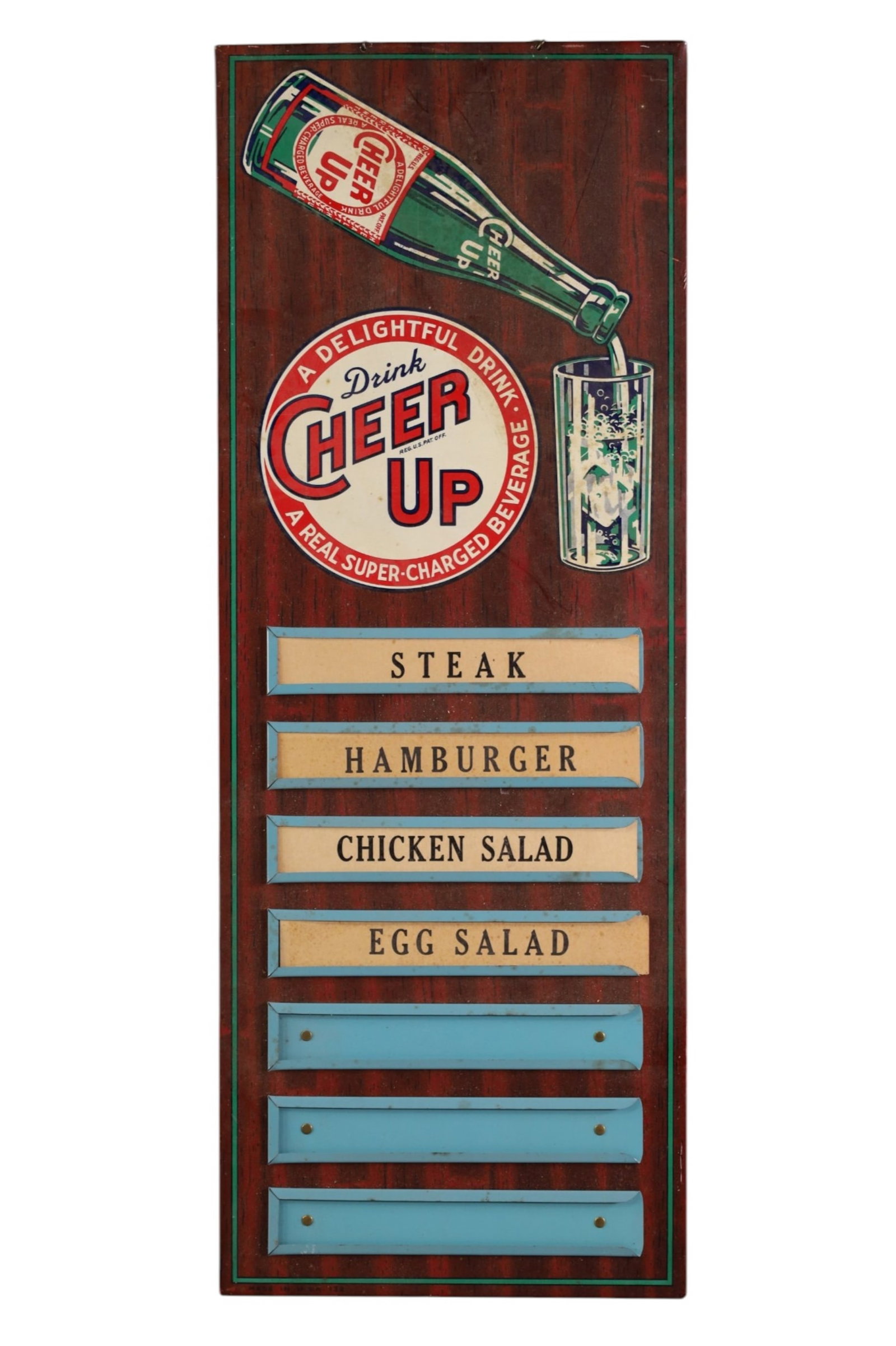 CHEER UP MENU BOARD: SST OVER CARDBOARD, DRINK CHEER UP MENU BOARD. 9 1/2" x 25"