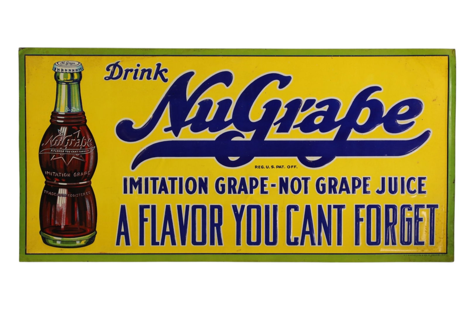NUGRAPE METAL SIGN: SST DRINK NUGRAPE SIGN, WITH BOTTLE GRAPHIC. 24" x 12"