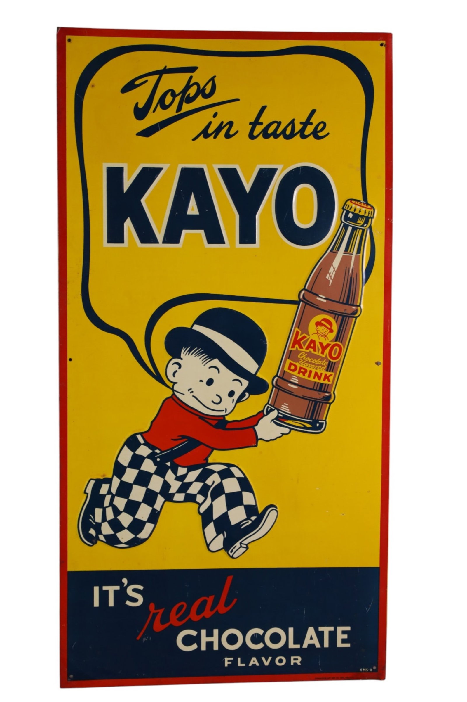 KAYO CHOCOLATE DRINK METAL SIGN: SST KAYO CHOCOLATE DRINK SIGN, LIGHT SCRATCHES. 14" X 27 1/2"